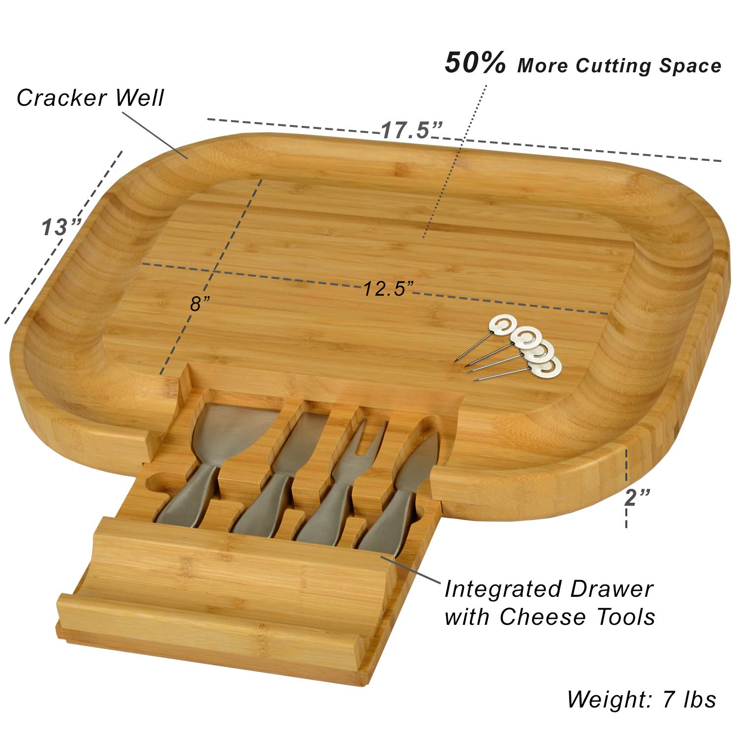 Picnic at Ascot Bamboo Cutting Board for Cheese & Charcuterie with Knife Set & Cheese Markers- Designed & Quality Checked in the USA