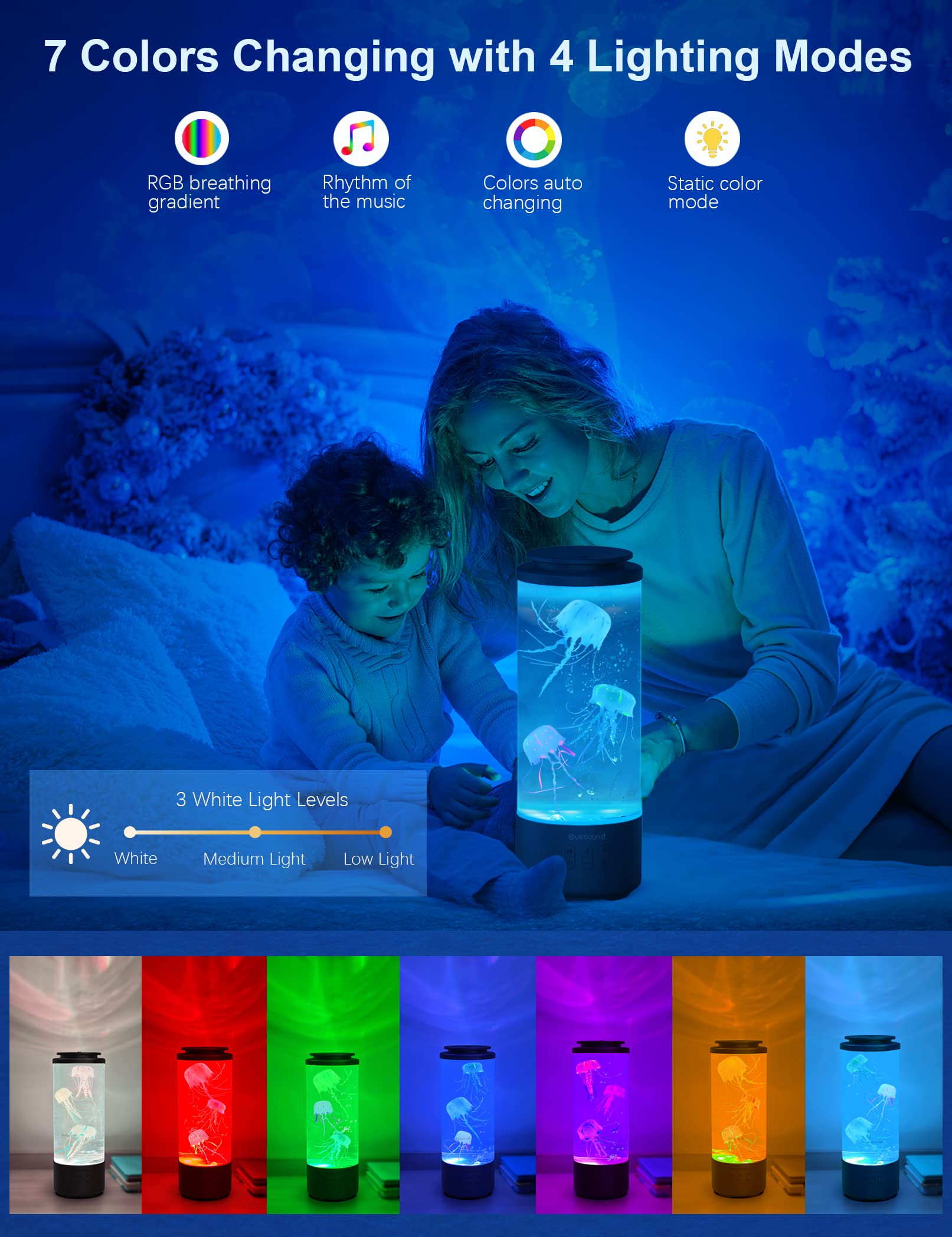 Jellyfish Lamp Bluetooth Speaker, White Noise LED Jellyfish Aquarium Night Light, 7-Color Changing with 4 Light Mode, Mood Lamp for Home Office Sleep Relax, Gifts for Kids Teens Girls Boys Adults