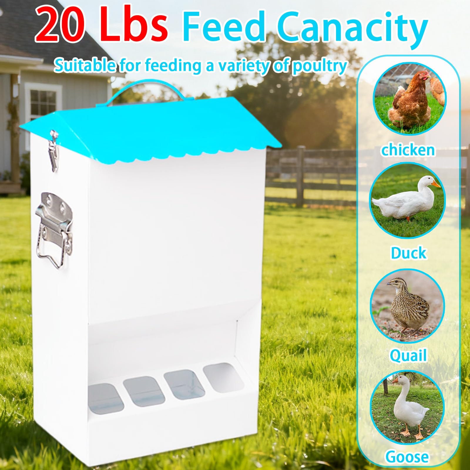 20LB Automatic Chicken Feeder with 8 Feeding Ports, No Waste Design, Height-Adjustable Legs & Secure Locking Lid for Chickens, Ducks & Poultry