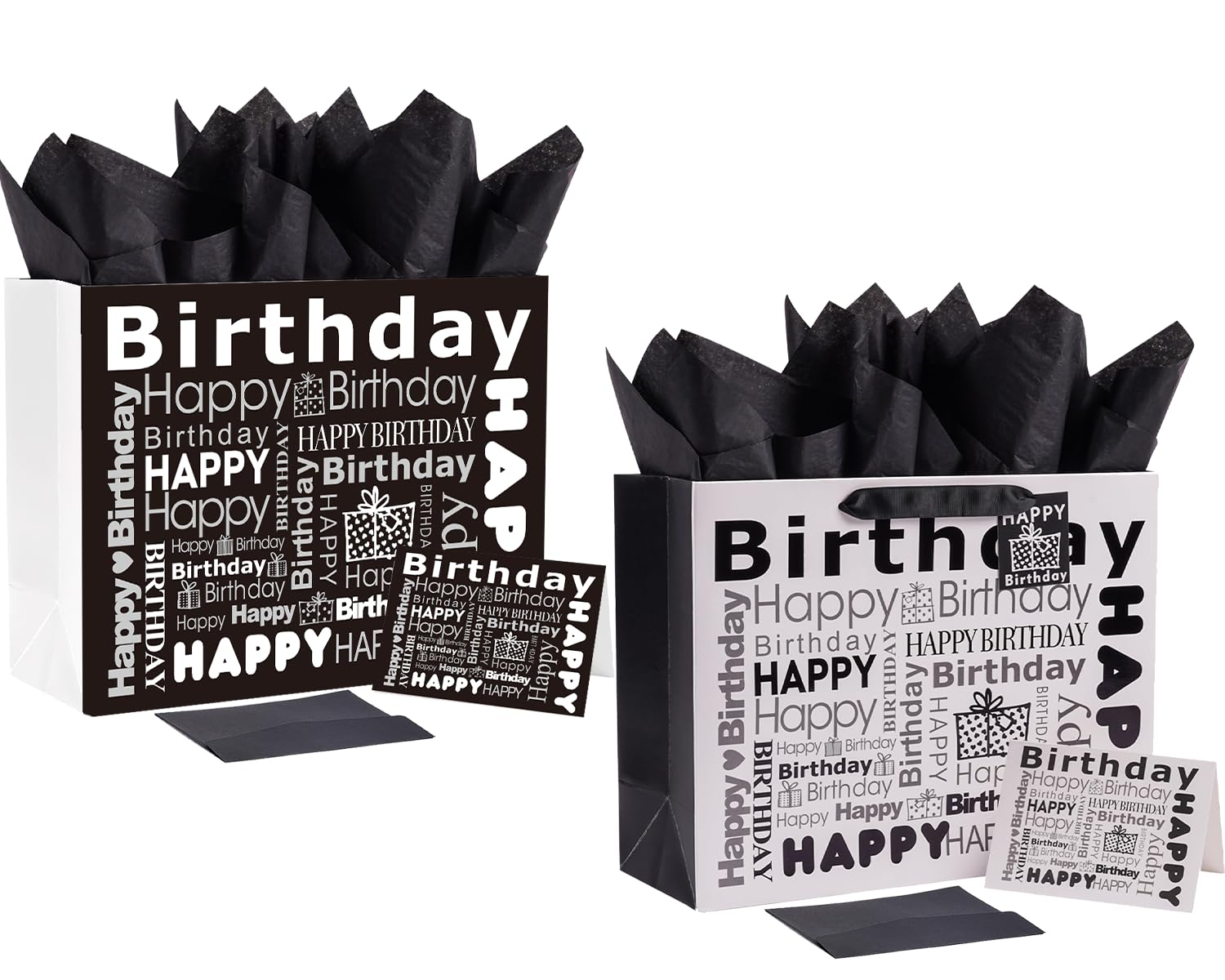 JWSCYSY 2Pcs White and Black Large Gift Bags with Tissue Paper, Happy Bithday Gift Bag for Men Women Birthday - 12.6" x 10.25" x 4.7".