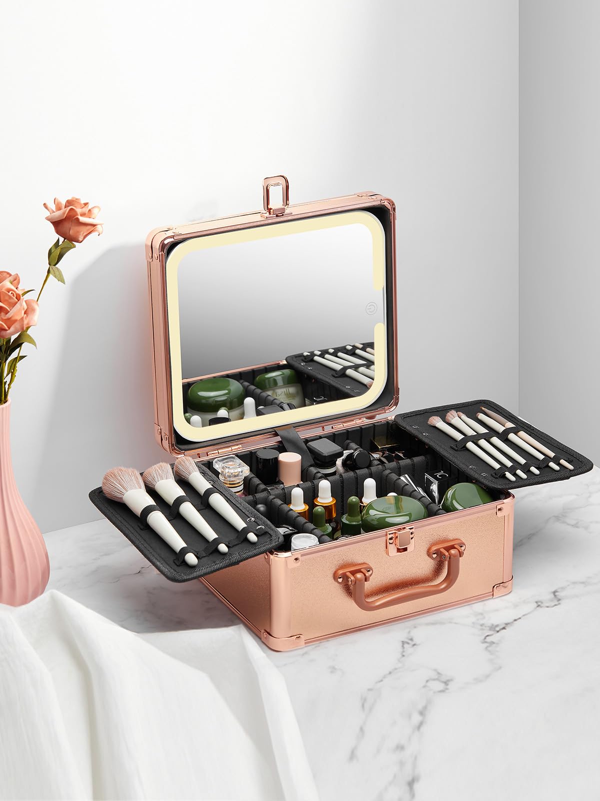 Qislee Makeup Box with A Detachable Lighted Mirror, Waterproof Travel Train Case, Cosmetic Organizer and Makeup Suitcase with Adjustable Dividers, Magnetic LED Mirror(Rose Gold)