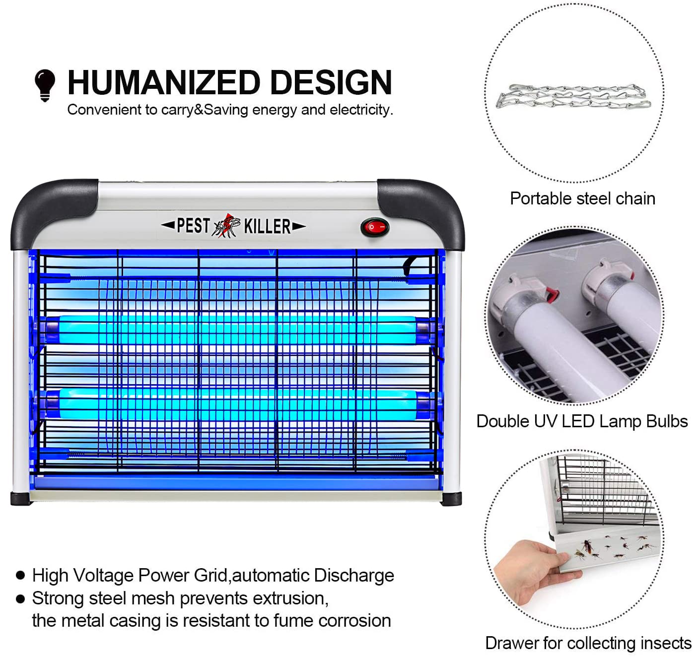 Fly Trap Indoor Bug Zapper, 2800V Powerful Flying Insect Mosquito Killer w/ 20W Blue Light Attract, Plug-in Pest Control Machine for Moth, Fruit Fly, Fungus Gnat, Garage Bug Catcher