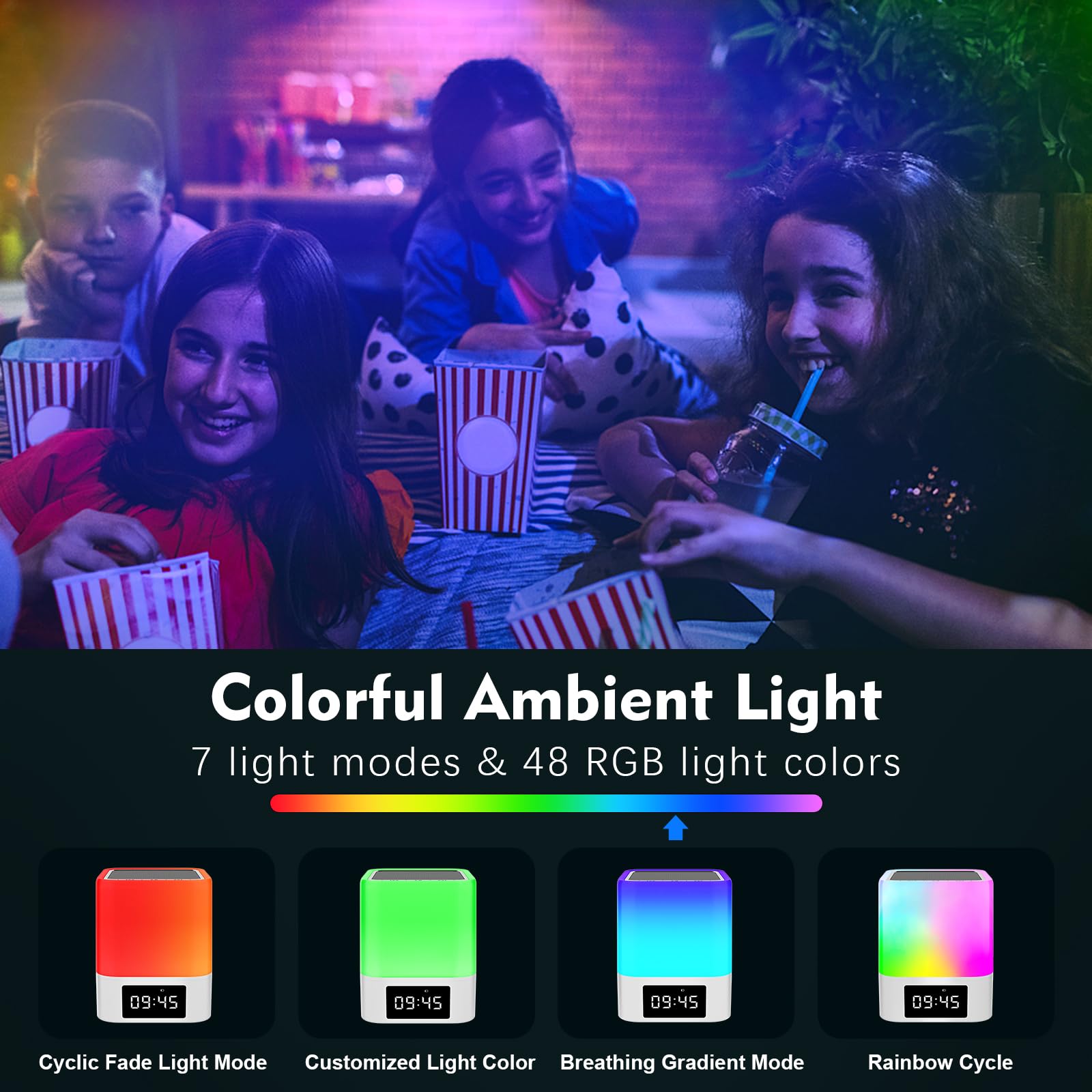 Newest Night Light Bluetooth Speaker, Gifts for 10 11 12 13 14 15 Years Old Boys Teenager Girls, All-in-1 Dual Alarm Clock, Touch Sensor Bedside Lamp, 48 RGB Color Chang, MP3 Player, Wireless Speaker