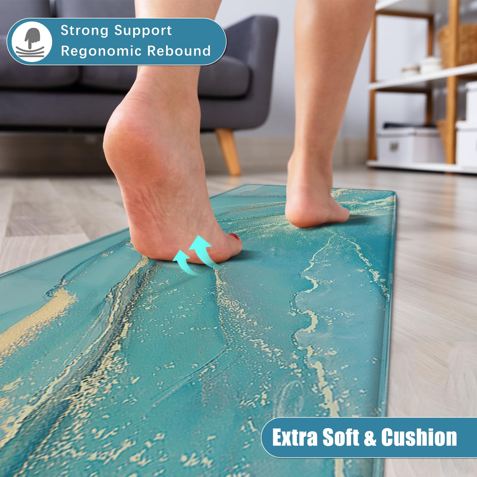 Sofort Anti Fatigue Kitchen Mats for Floor 2 Piece Set, Cushioned Memory Foam Kitchen Rug, Non Slip Waterproof Teal Marble Kitchen Mat, Comfort Standing Mats for Kitchen, Laundry, Office, Sink