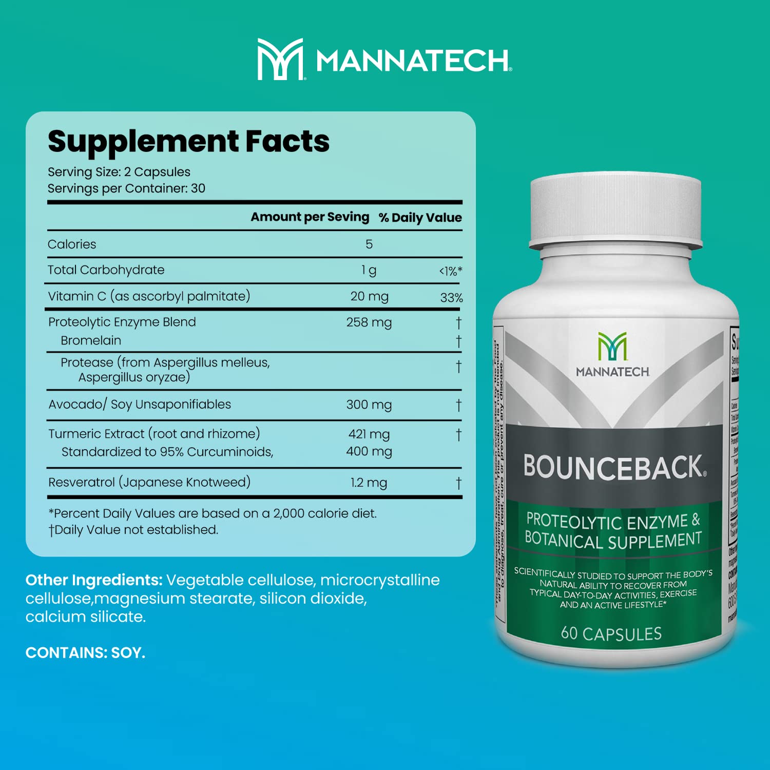 BounceBack by Mannatech with Proteolytic Enzyme Blend, Phytosterol Blend and Turmeric Extract Supports Optimal Joint & Cartilage Health, 60 Capsules