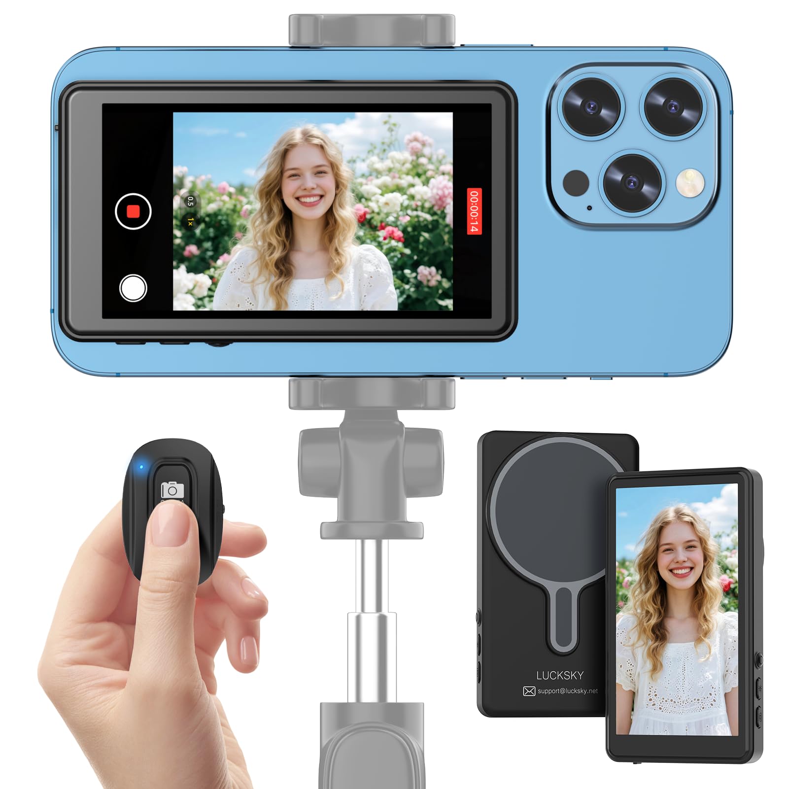 Vlog Selfie Monitor Screen iPhone, 4K 60fps Recording, Wireless Screen Mirroring with Remote Control, Magnetic Fixation, 180° Rotation, 3 Levels of Brightness, Compatible with iPhone & Android