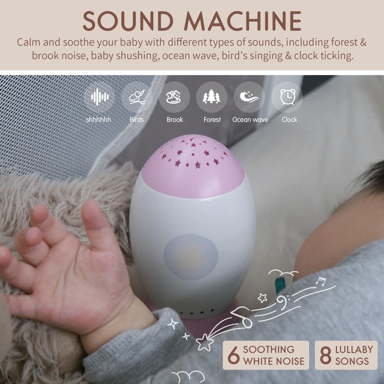 Nueplay Baby Sleep Soother with Lullaby Songs & White Noises, Star Projector for Kids Room Decor, Baby Nursery Night Lights, Portable Sound Machine for Toddlers, Baby Essentials for Girls(Pink)