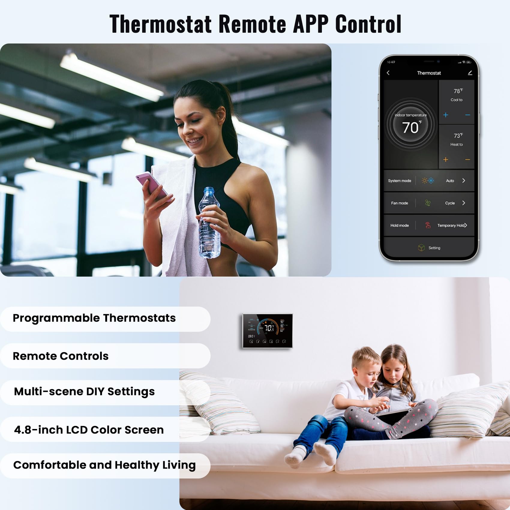 Bestechy Smart Thermostat for Home WiFi, App Thermostat, for Air and Ground Energy Heat Pumps, Includes C-Wire Adapter, LCD Color Screen, Voice Control, Energy Efficient, Easy DIY