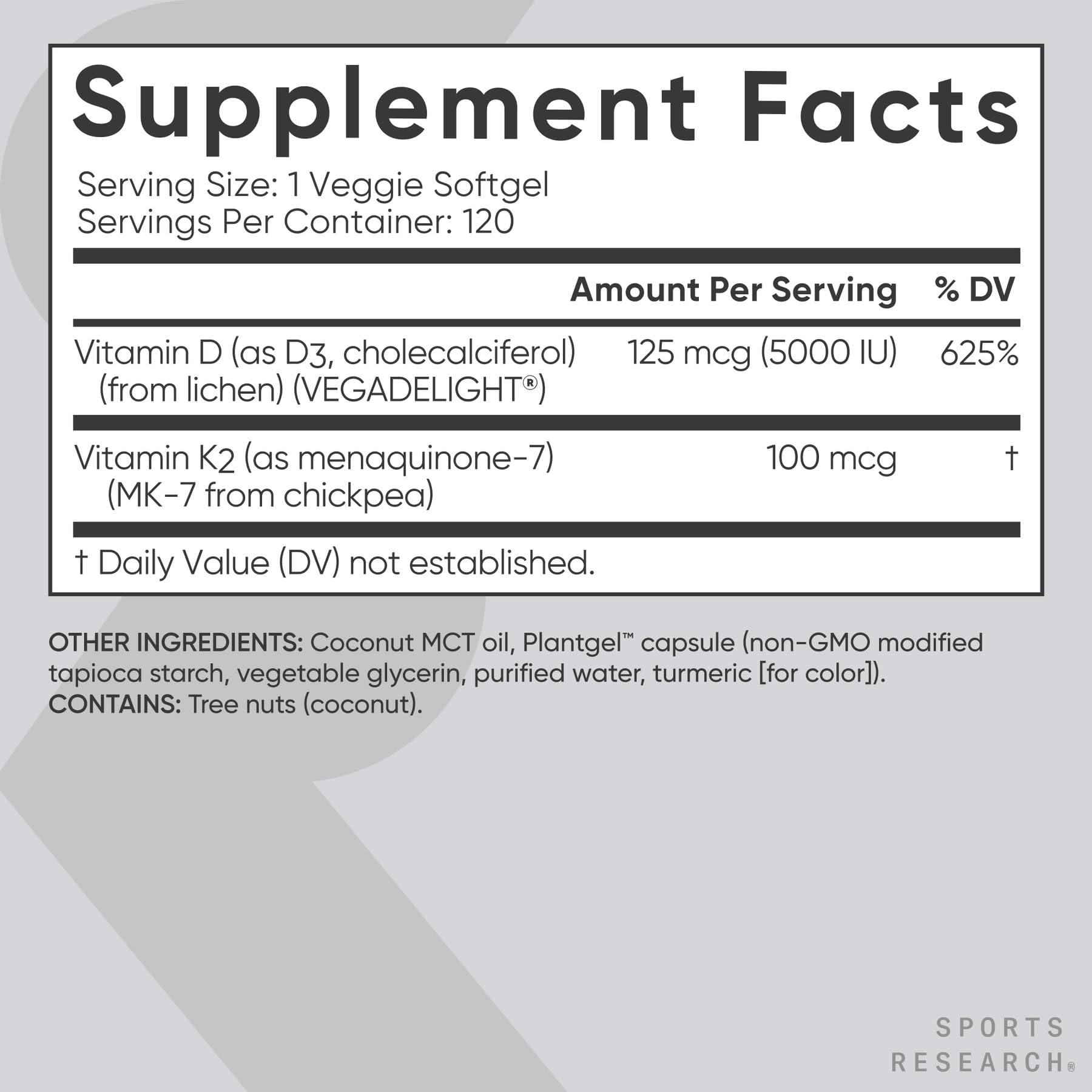 Sports Research Vitamin D3 with K2 Softgels - Plant Based K2 & Vegan D3 5000iu with Coconut MCT Oil - Vegan Certified, Soy & Gluten Free - 120 Count
