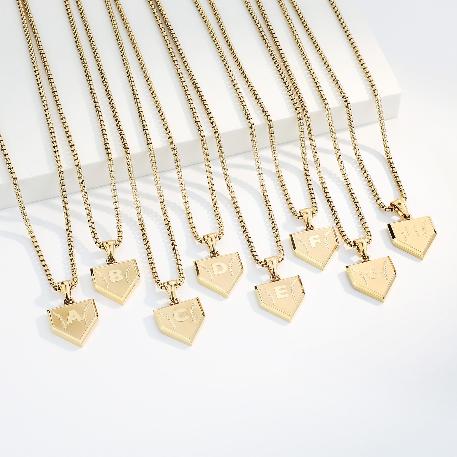Initial A-Z Necklace for Boys Stainless Steel Letter Shield Pendant Box Chain 22+2 inch Inspirational Baseball Home Plate Necklace Baseball Jewelry Gift for Men(G-J) Over 18 years old