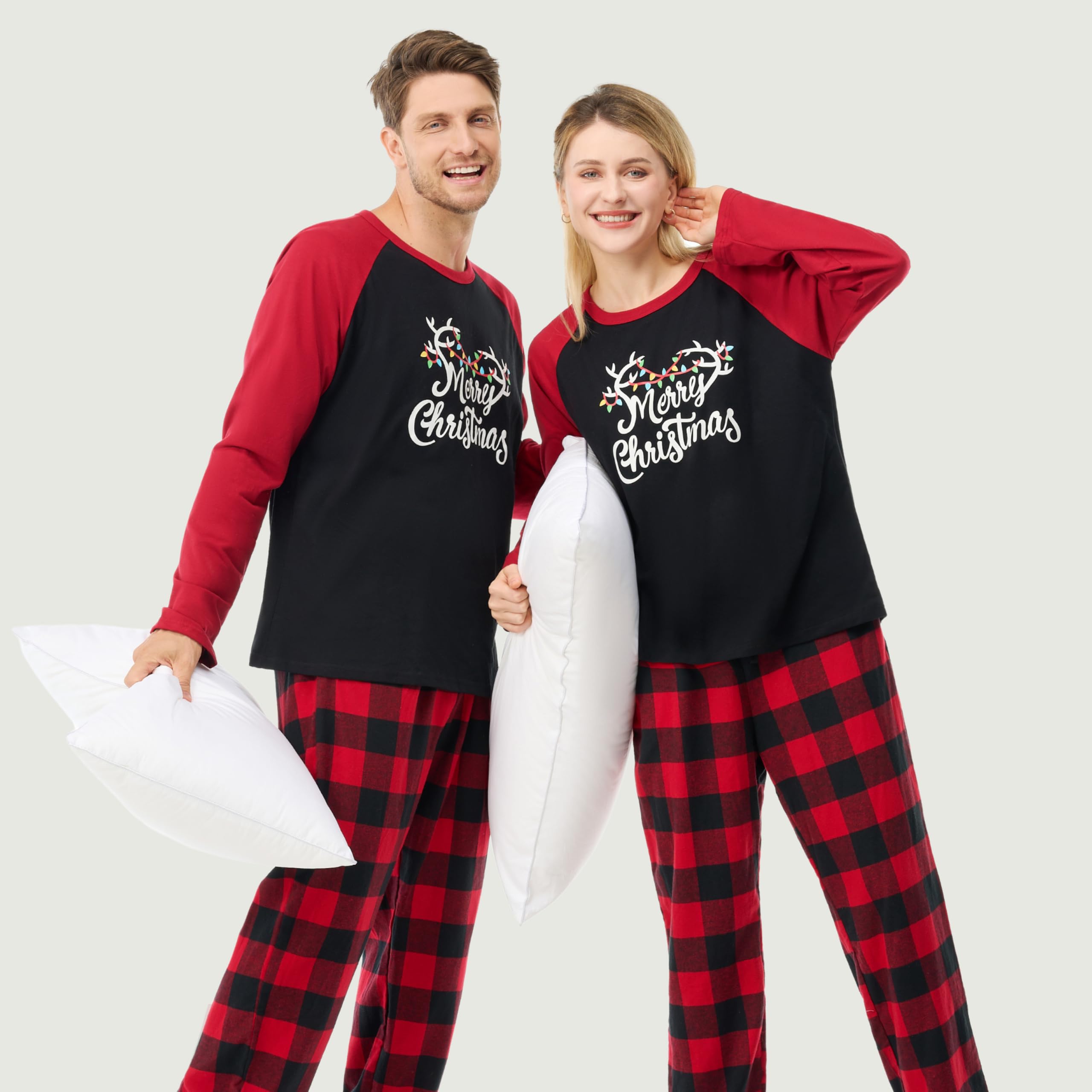 Giggling Getup Red Black Plaid Adult Womens Christmas Pajamas, Christmas Pajamas Women Set with Plaid Pajama Pants and Top, for Holiday Pajamas Party-L