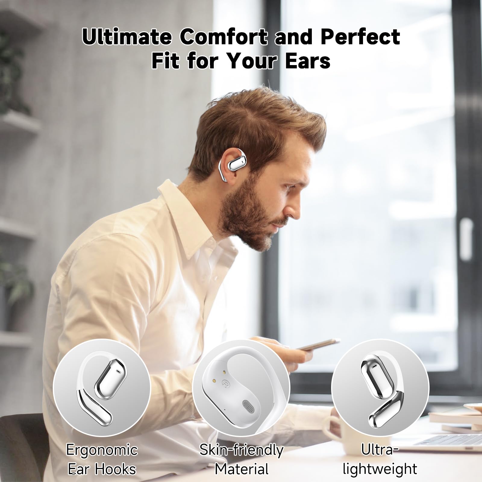 EUQQ Open Ear Bluetooth 5.4 Headphones, Wireless Earbuds Sport Over Earphones Built-in Mic with Ear Hooks 50H Playtime Ear Buds LED Display Charging Case