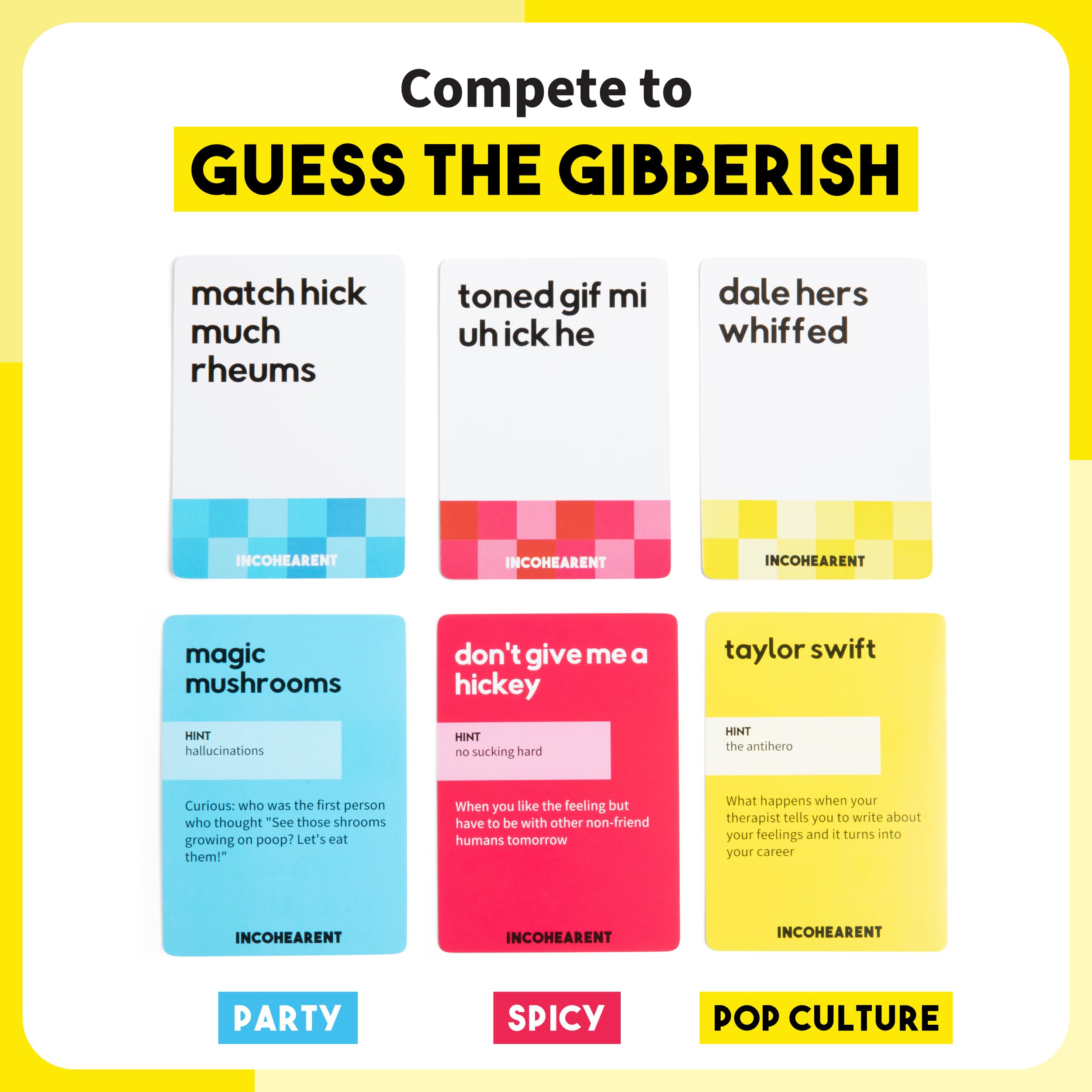 Incohearent, The Guess the Gibberish Party Game by Relatable, A Funny Card Game for Adults, Great for Christmas Party Games and Hanukkah Gifts, Includes 400 Cards, Instructions, and 1 Sand Timer