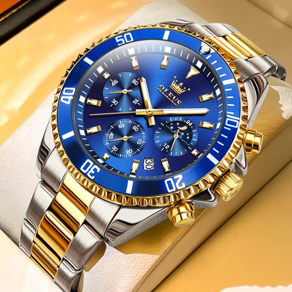 OLEVS Mens Watches Blue Chronograph Luxury Dress Moon Phase Quartz Stainless Steel Waterproof Luminous Business Calendar Wrist Watch