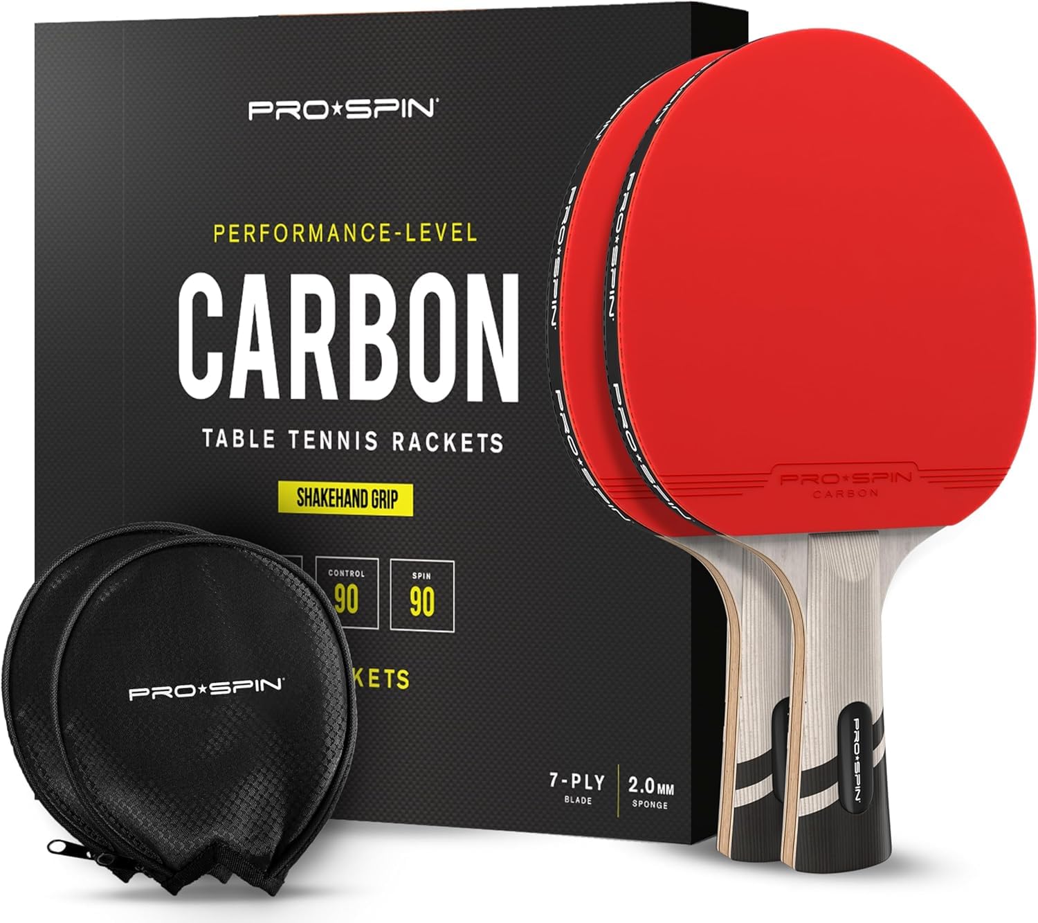 PRO SPIN Carbon Ping Pong Paddles - Premium Table Tennis Rackets with Carbon Fiber | Professional-Level 7-Ply Blade, Premium Rubber, 2.0mm Sponge | Includes Rubber Protector Case (2-Pack)