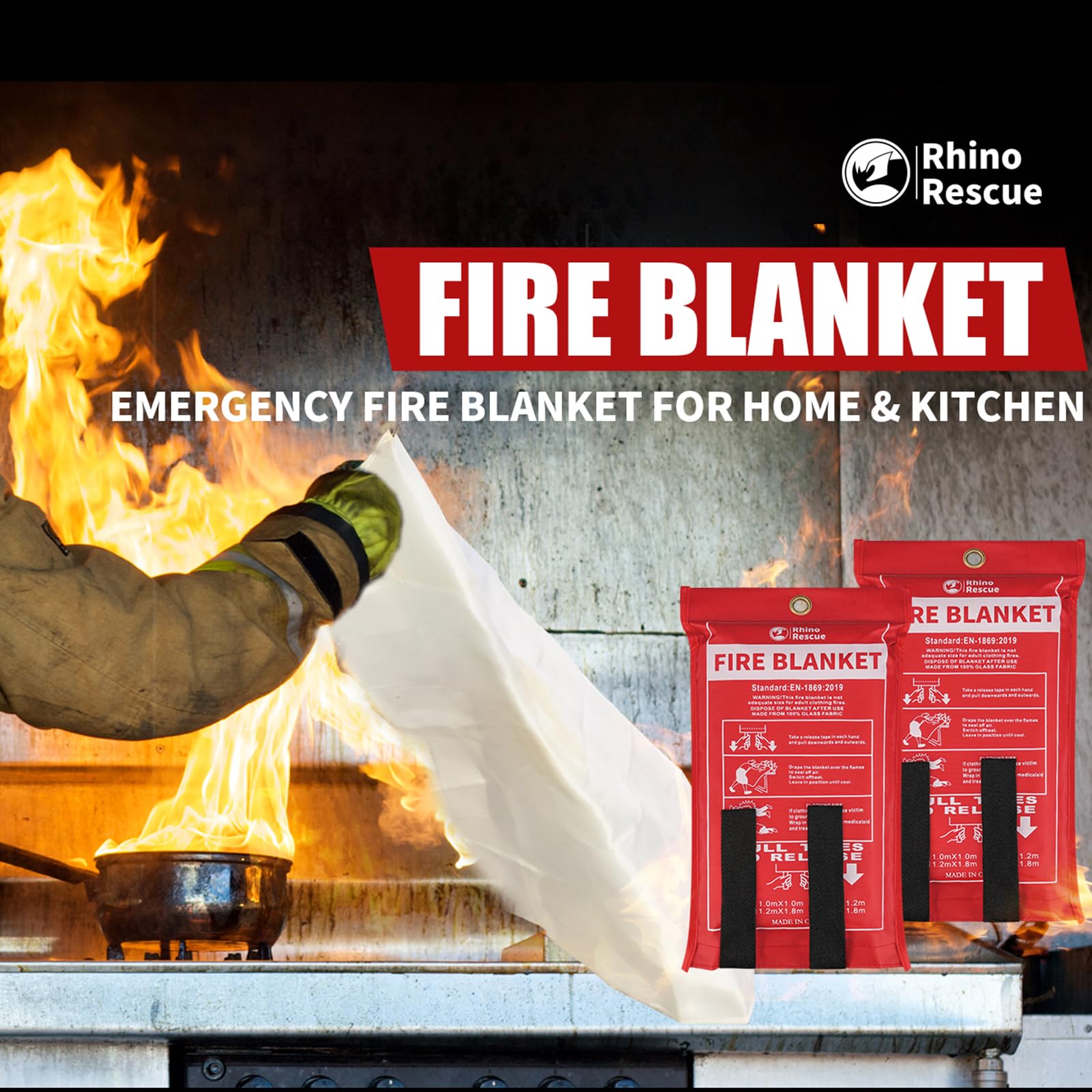 RHINO RESCUE Fire Blanket, 40''×40'' Fiberglass Emergency Fireproof Gear, Flame Retardant Protection for Home, Kitchen, Camping, Hiking, 4 Count