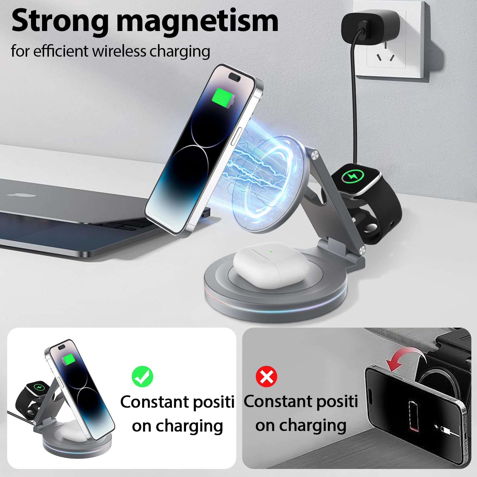 kytuwy Wireless Charger iPhone, 3 in 1 Charging Station for Apple Charger, Portable Charging Stand for iPhone 15 14 13 12 Series Apple Watch Ultra 9 8 7 6 SE 5 4 3/AirPods Pro 2