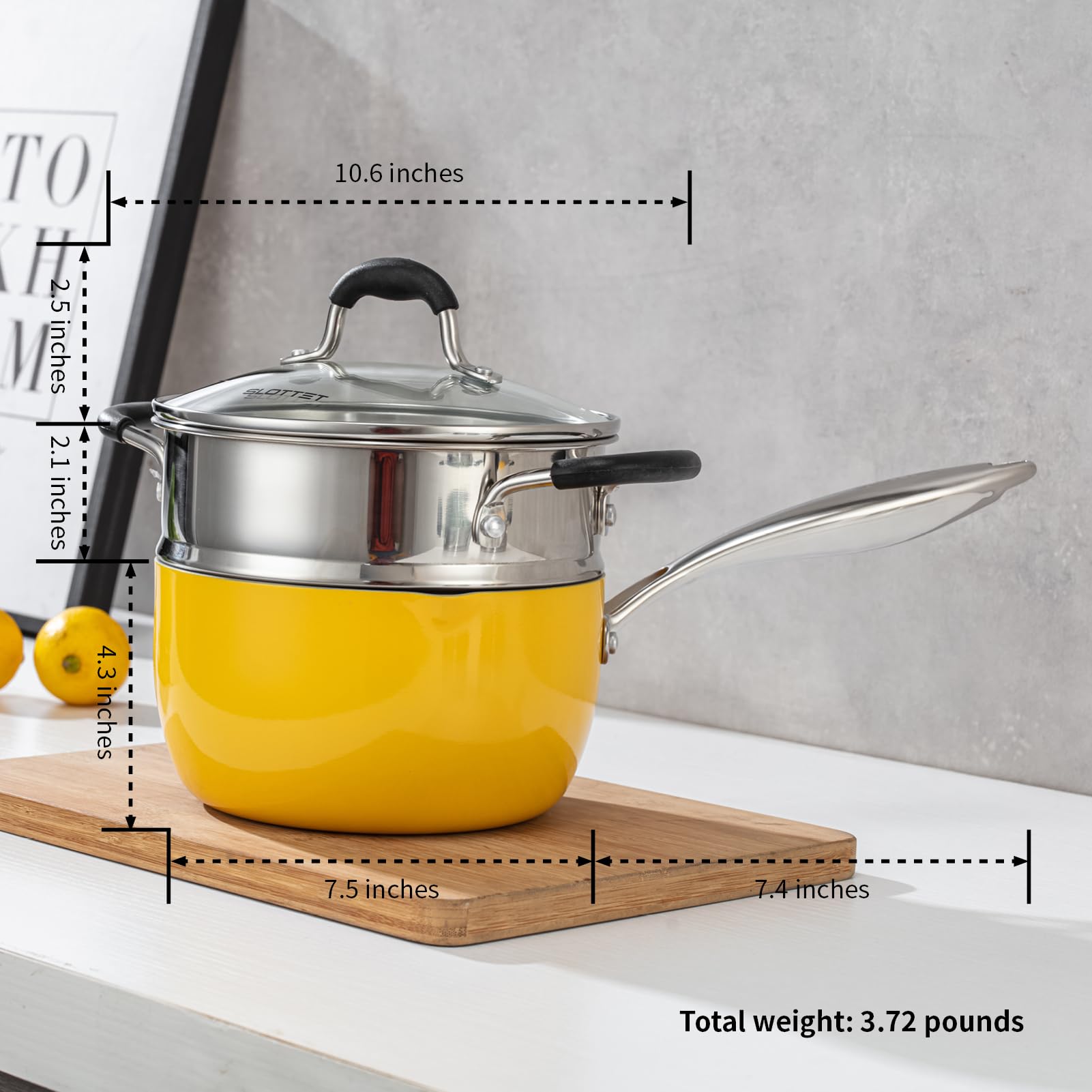 SLOTTET Ceramic Nonstick Tri-Ply Stainless Steel Sauce Pan with Steamer,2.5 Quart Small Multipurpose Pot with Pour Spout,Strainer Glass Lid, 2qt Saucepan for Cooking with Stay-cool Handle,Yellow