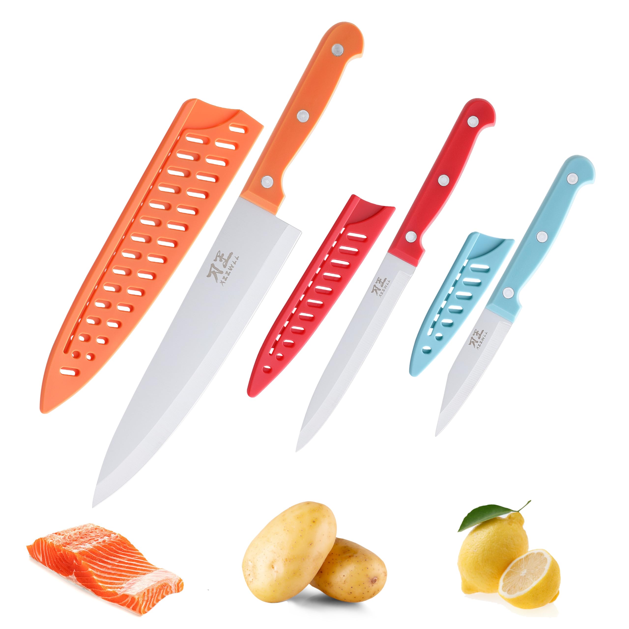 XZZWLL Kitchen Knife, 3 PCS Chef Knife Set with Sheaths, Chef Knife, Utility Knife and Paring Knife, Sharp Blade and Ergonomic Handle, Knives Set for Kitchen