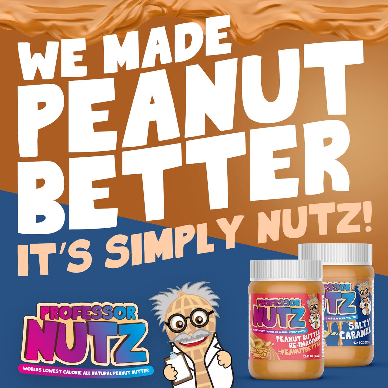 Professor Nutz Organic Peanut Butter- Low Calorie, Nut Butter, Natural Peanut Butter, Natural Fiber, Healthy Peanuts, Great source of Protein, 30 Essential Vitamins & Minerals - 12.41 Oz, Original