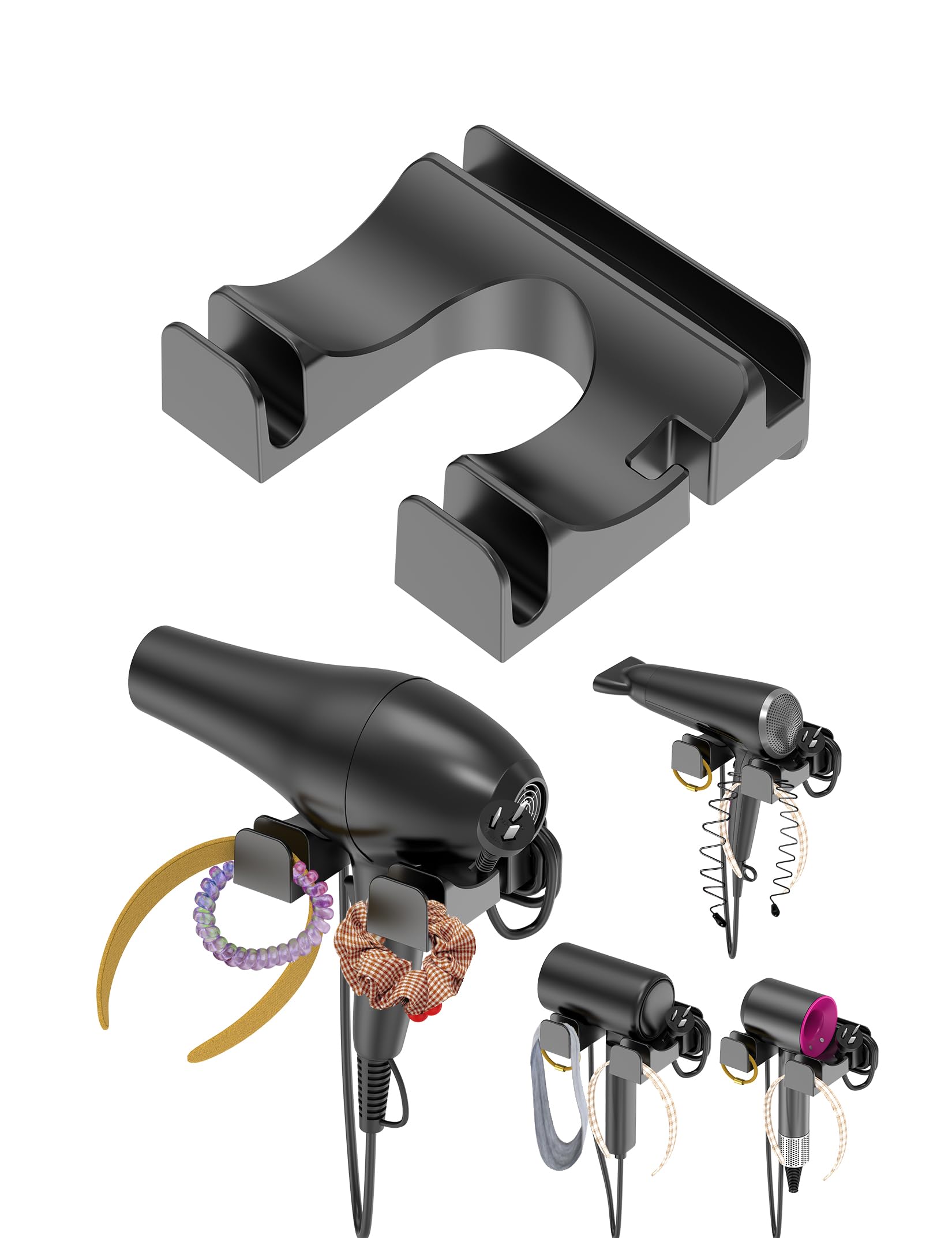 NOTMBESTM Universal Hair Dryer Holder Wall Mounted, Blow Dryer Holder Cabinet Door, Hairdryer Holder for Bathroom, Hair Dryer Storage Rack Fixed by Screw or Adhesive (Black)