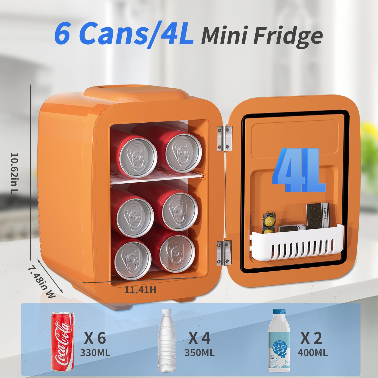 YASHE Mini Fridge, 4 Liter/ 6 Cans Skincare Fridge for Bedroom, 110V AC/ 12V DC Thermoelectric Cooler and Warmer for Drink, Office, Car, Orange