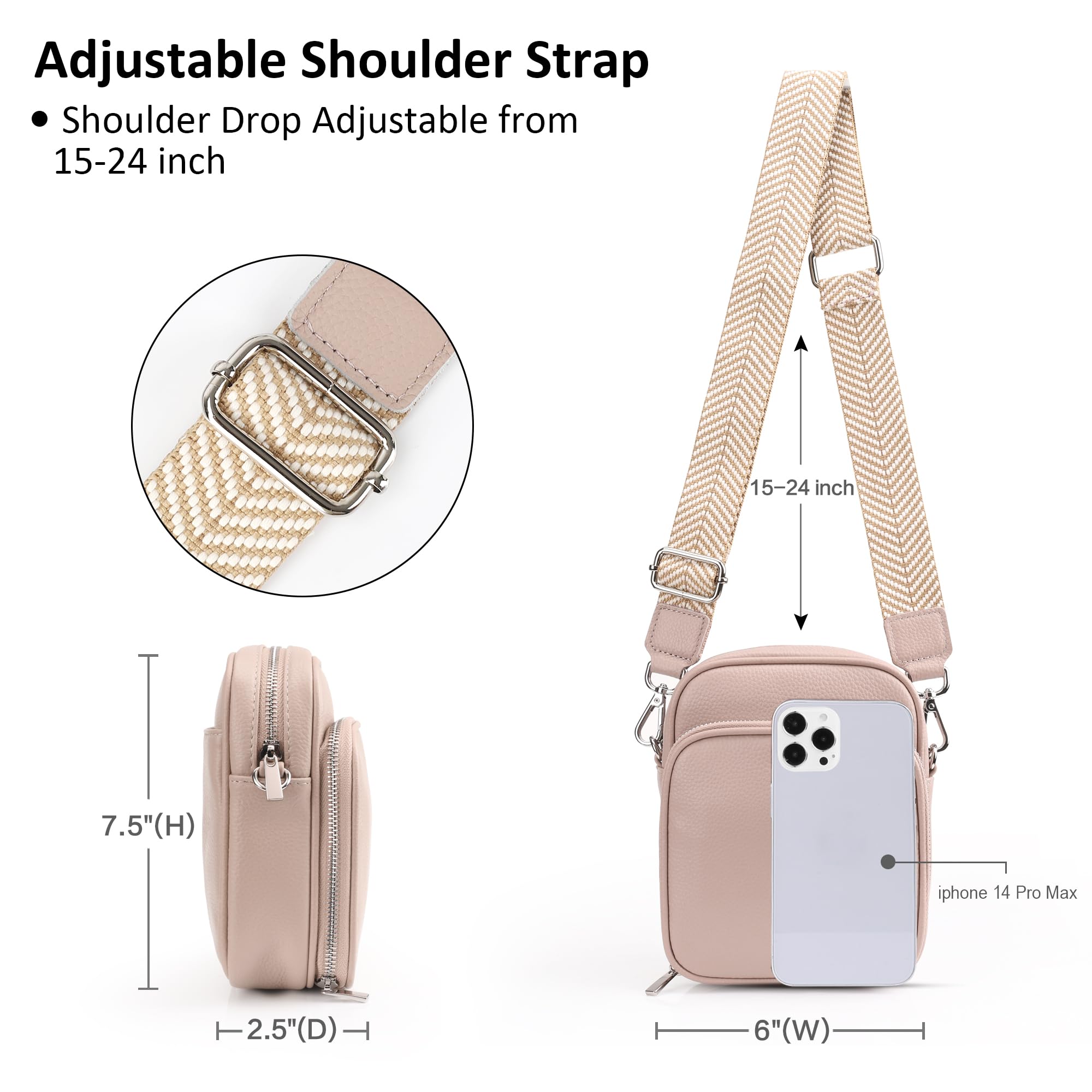 befen Genuine Leather Small Crossbody Purses for Women, Trendy Cell Phone Travel Purse Shoulder Cross Body Bags with Wide Straps, Nude Pink
