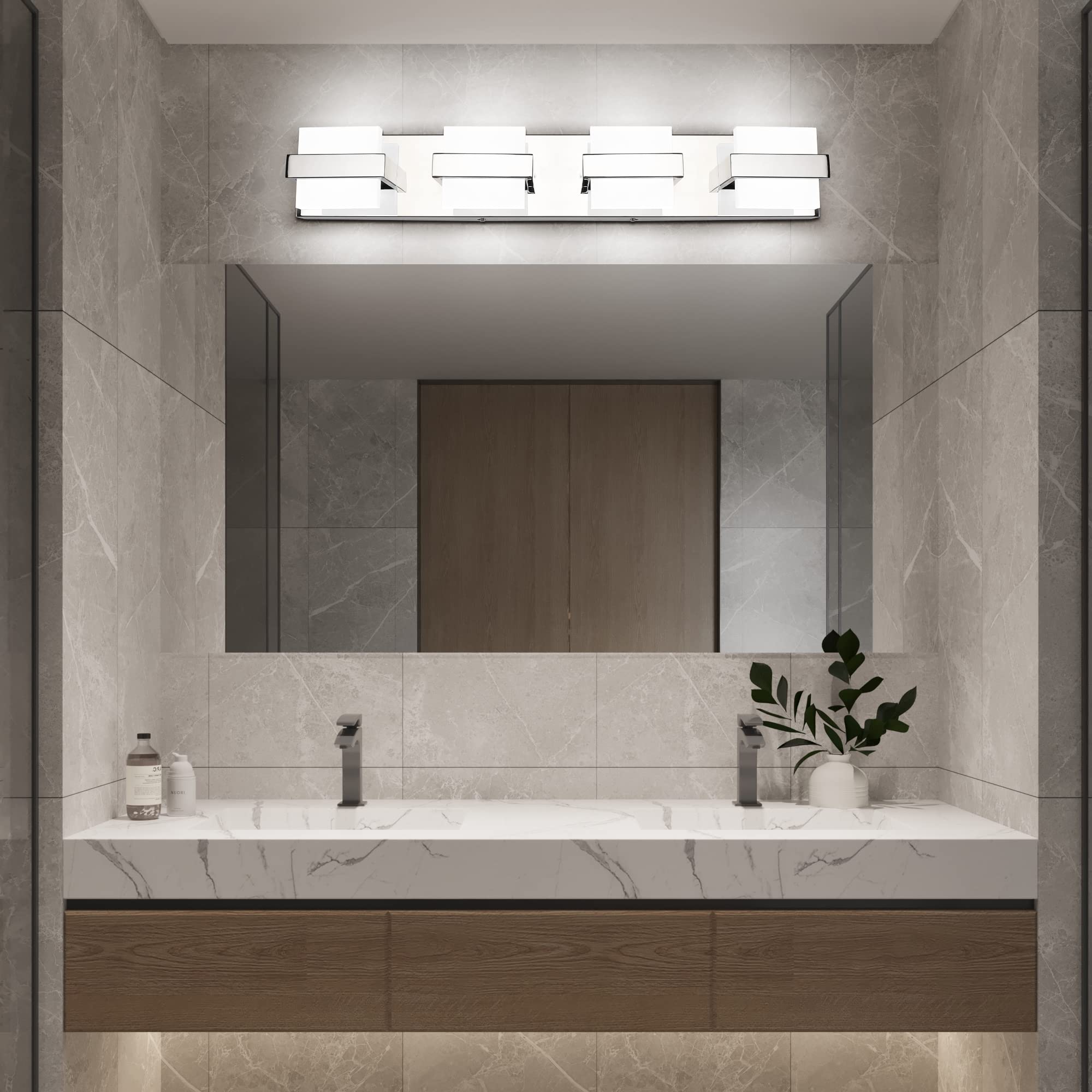 SOLFART 4 Lights Chrome Bathroom Light Fixtures Modern LED Bathroom Light Vanity Lights Over Mirror 27 inch White Light Dimmable