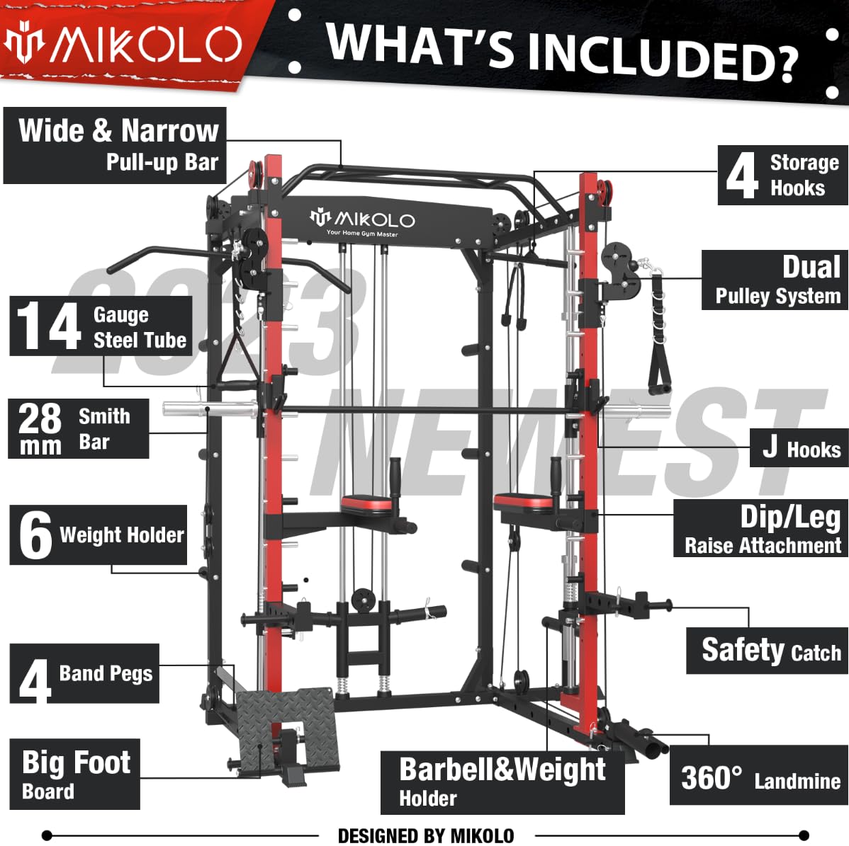 Mikolo Smith Machine with Weight Bench, Multifunction Power Cage and Cable Crossover, Workout Machine with Storage System, Band Pegs, Smith Bar and Other Attachments for Home Gym (Red & Red)