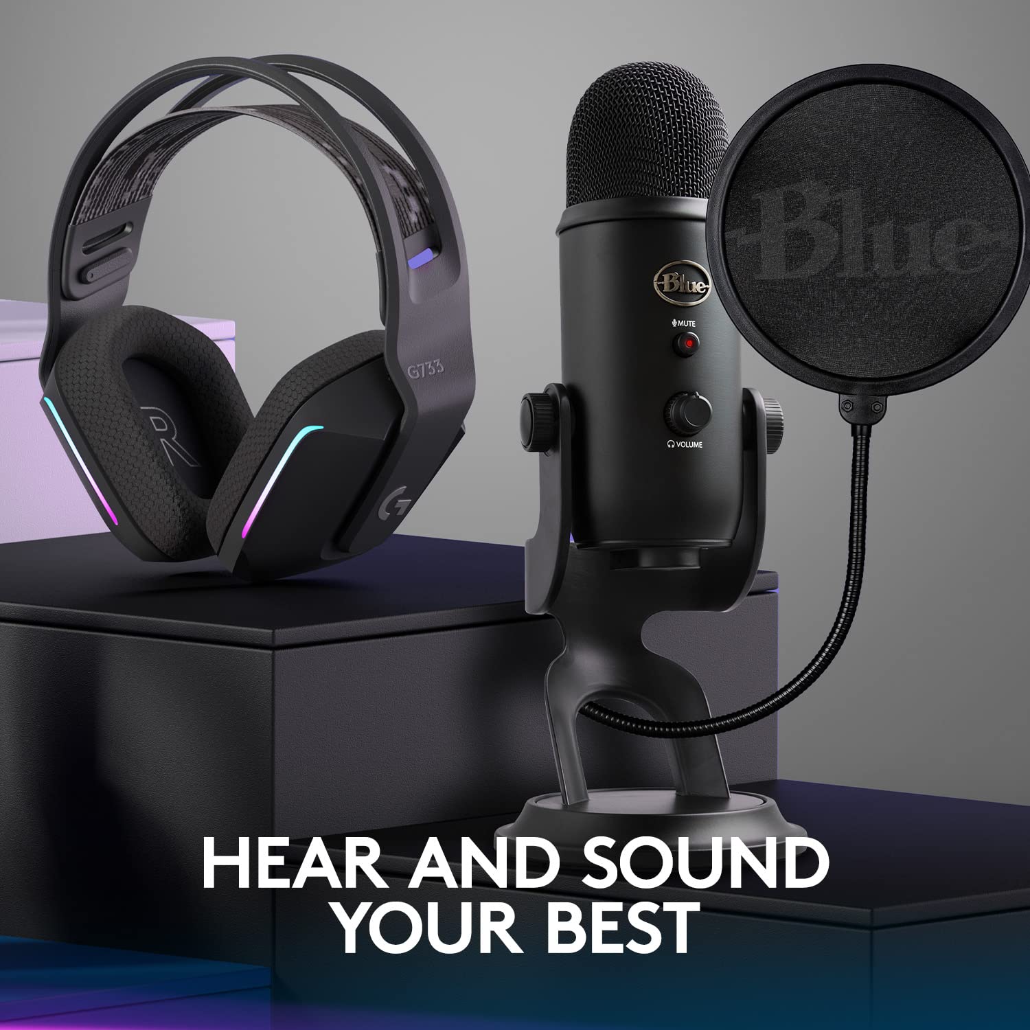 Blue Yeti Game Streaming Kit with Yeti USB Gaming, Podcast Mic, Pop Filter, PC/Mac/PS5 + G733 Lightspeed Wireless Gaming Headset with Suspension Headband, Lightsync RGB, and PRO-G audio - Blackout