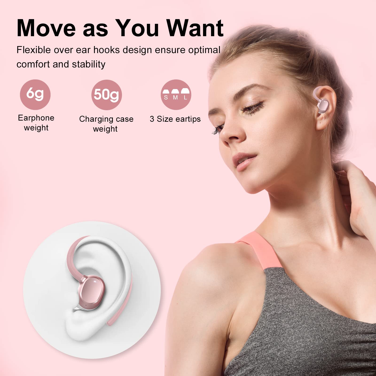 Ear buds Wireless Earbuds, HiFi Stereo Bluetooth 5.3 Running Headphones with Dual LED Display 30Hrs Playtime, Built-in Mic, Type-C, in-Ear Bluetooth Earphones with Earhooks for Sport, Rose Gold