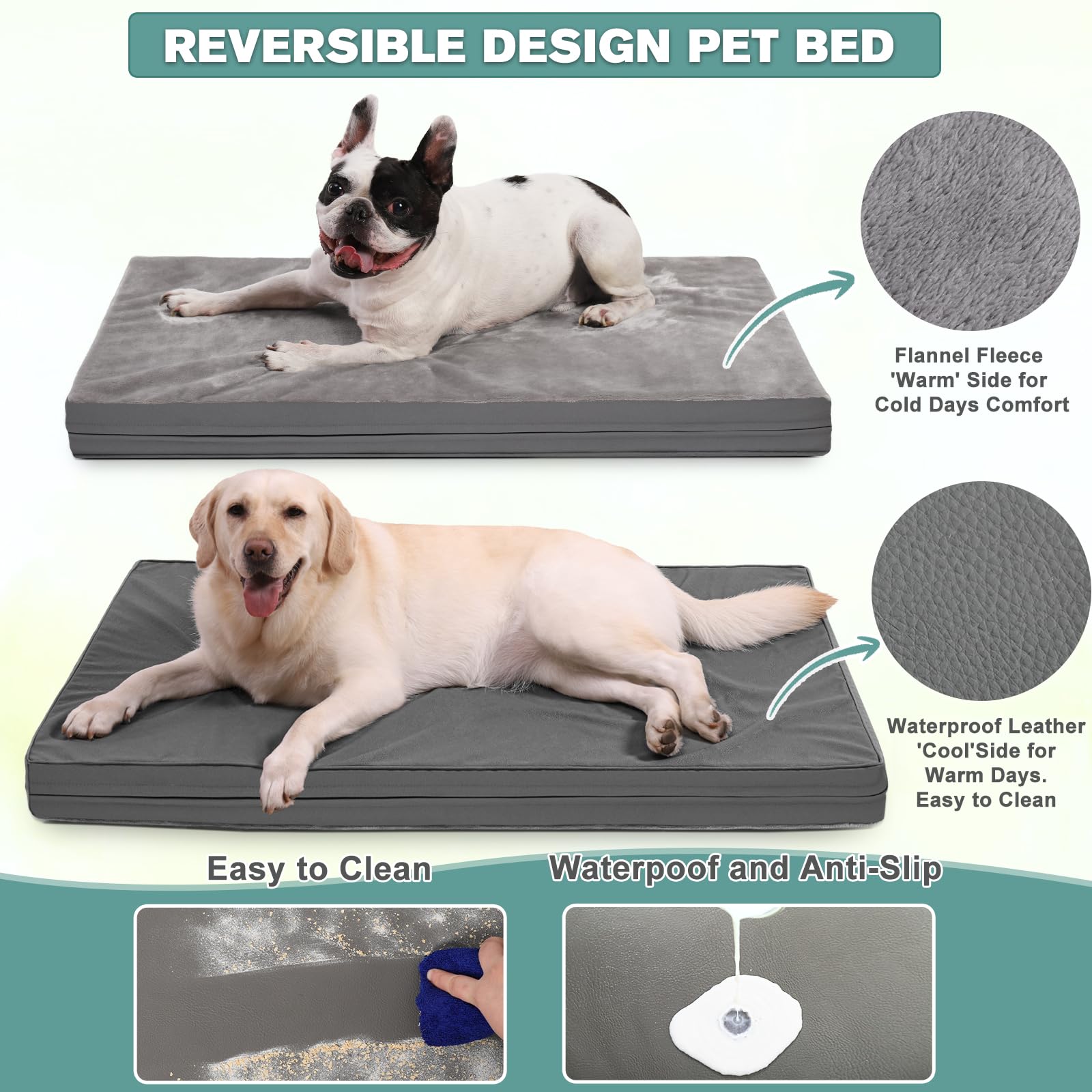 Waterproof Dog Beds Large Medium Sized Dog, Orthopedic Washable Crate Pad 35 inch, Egg Crate Foam Pet Bed with Removable Cover Reversible, Durable Anti-Slip Kennel Bed 35"x22", Gray