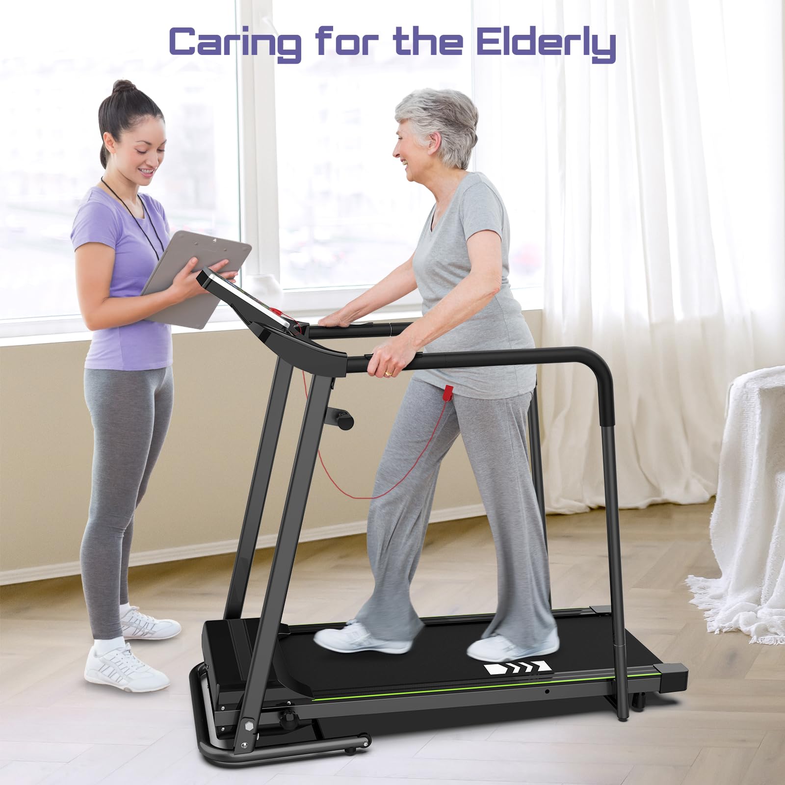 Rellysport Walking Treadmill for Seniors with Handrails - Recovery Fitness Exercise Machine for 300lbs Capacity, Foldable Treadmills for Home with Heart Rate Monitoring, Holder for Phone & Cup