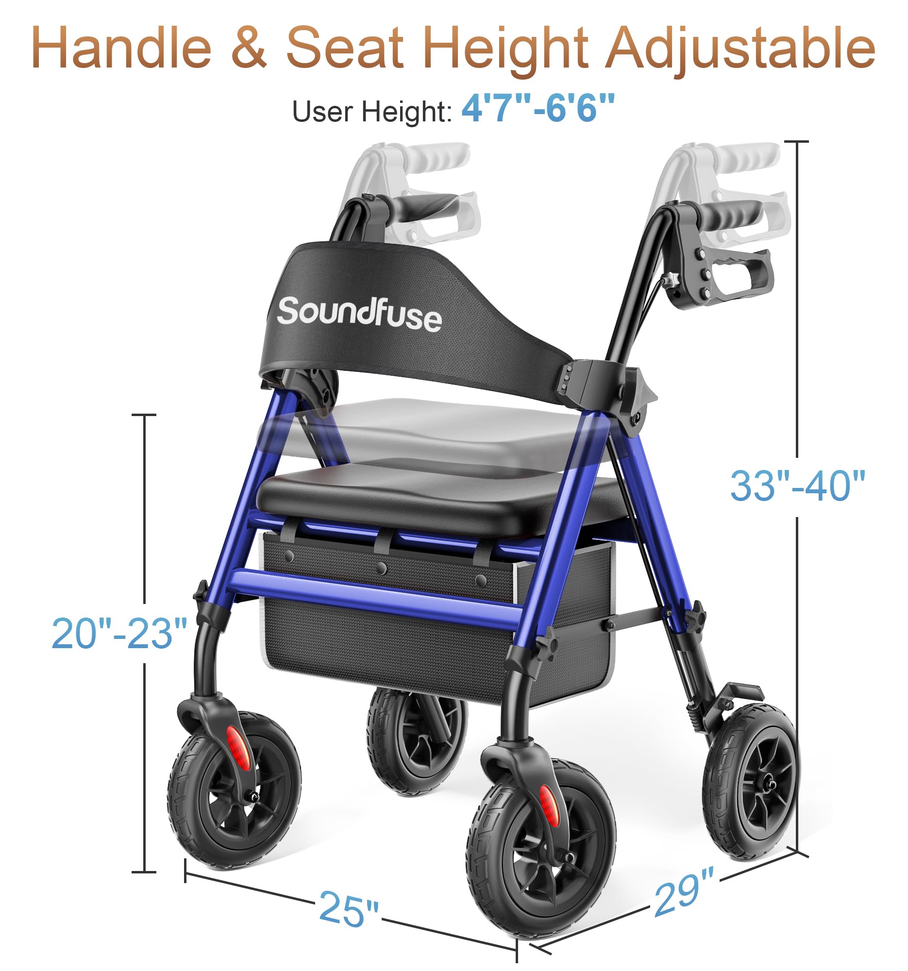 SOUNDFUSE Rollator Walkers for Seniors with Seat, Foldable Lightweight Rolling Walker with 8" Big PU Wheels, Ergonomic Seat, Dual Height Adjustment