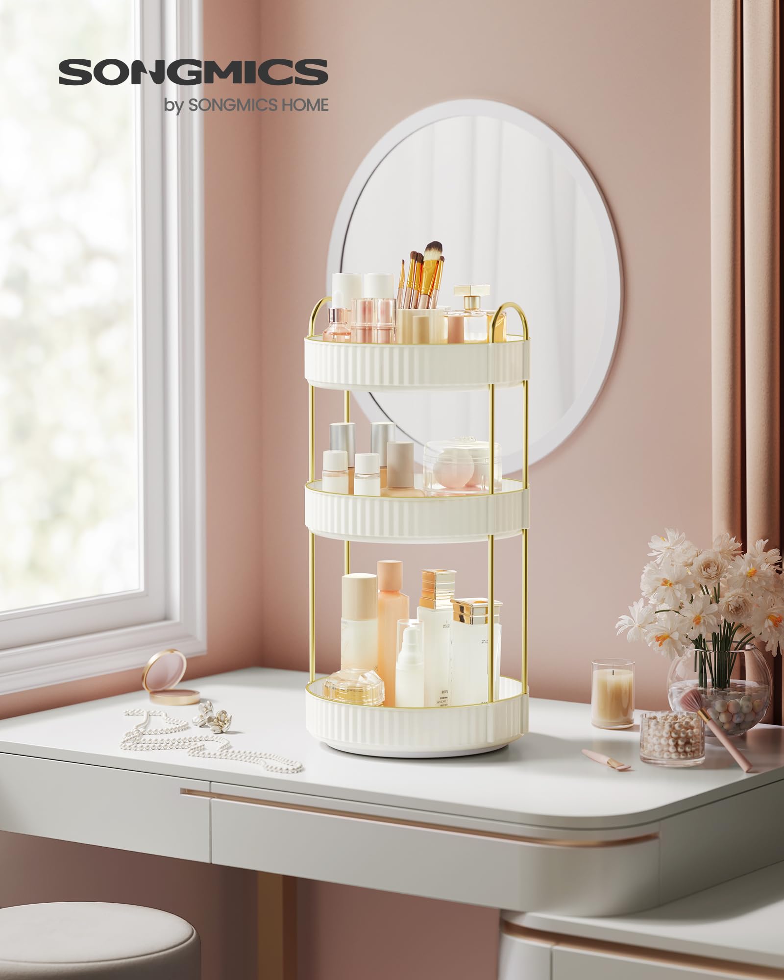 SONGMICS Makeup Organizer, 3-Tier Round Rotating Skincare Organizer Countertop, Customizable, Toiletries Vanity Organizer, Lazy Susan, Gift, Cloud White UJKA011W01