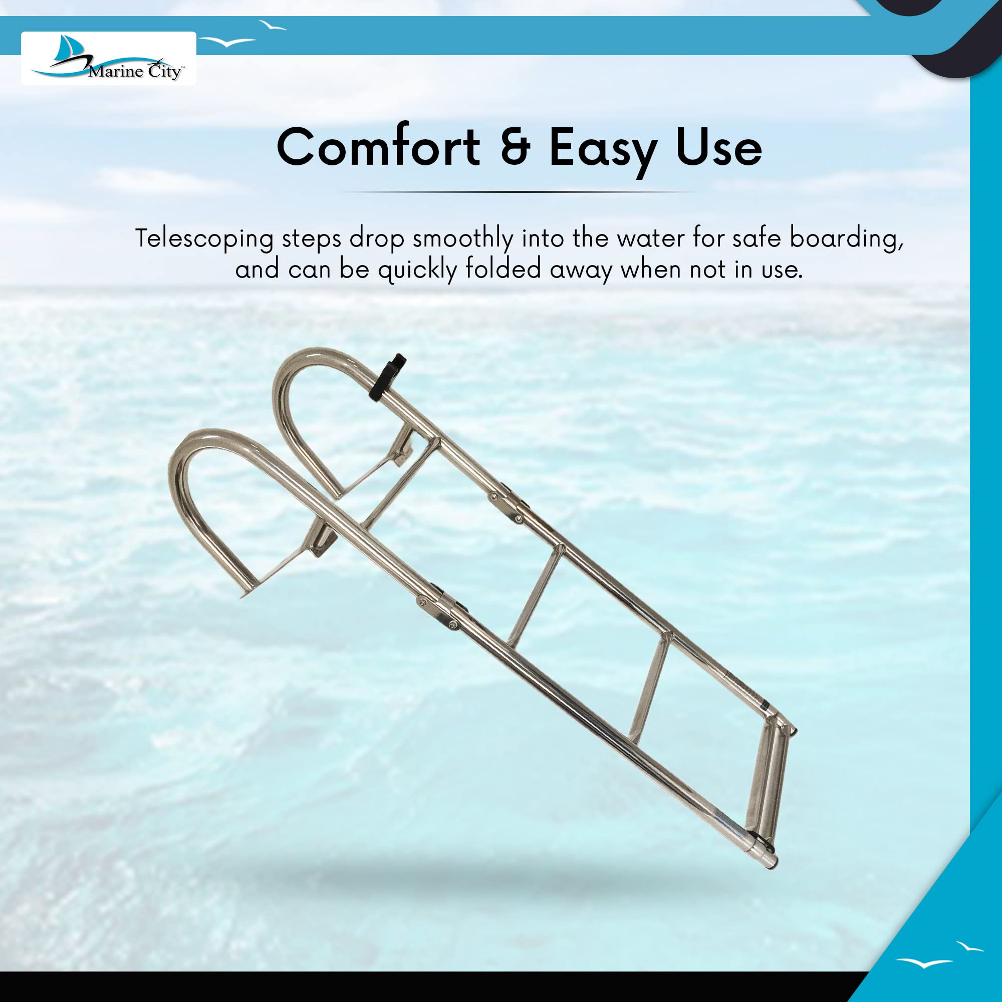 MARINE CITY Stainless Steel Heavy Duty Durable and Sturdy Telescoping Swim Over Platform Boat Ladder with Comfortable Handrails (1 Step+4 Step)