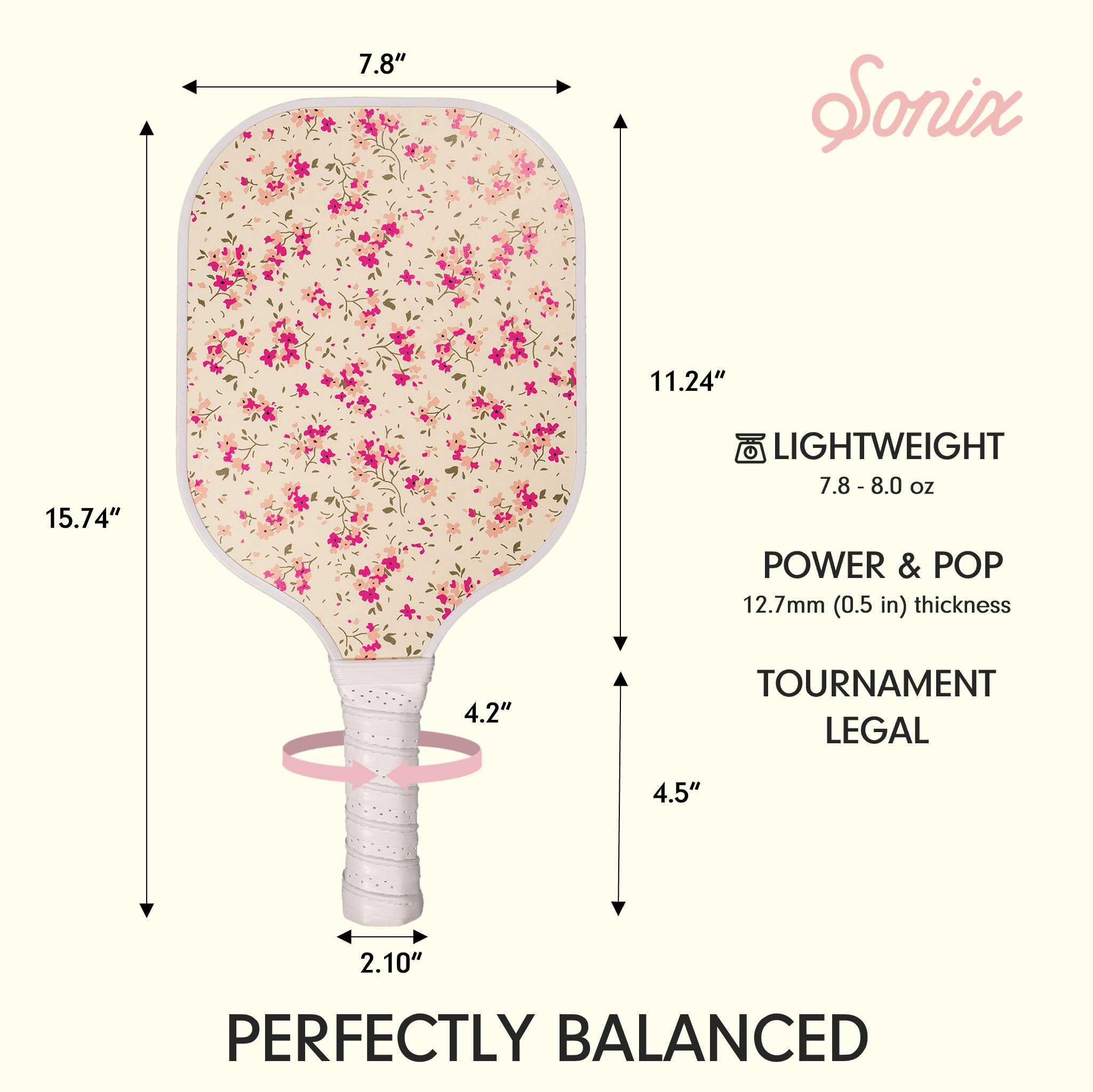 Sonix | Stylish Premium Pickleball Paddle | Fiberglass Surface, Non-Slip Cushion Grip| Single Pickle Ball Racket | Pink Floral Print | Cottage Floral Pink