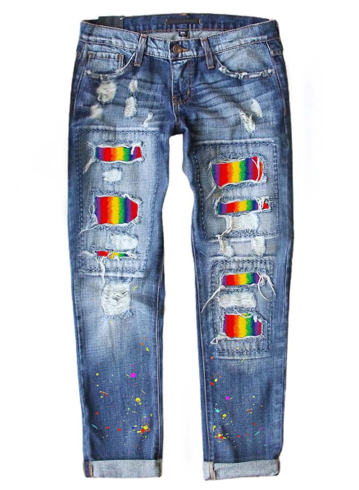 Astylish Womens Rainbow Distressed Boyfriend Jeans High Waist Denim Stretchy Ripped Washed Pants Blue XX-Large