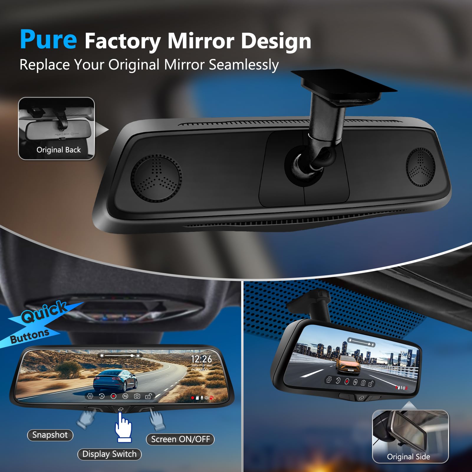 PORMIDO OEM 2K Rear View Mirror Camera,10" Mirror Dash Cam with Detached Front Backup Camera, Smart Full Touchscreen Rearview WDR Dashcam with Built-in GPS,64GB Card,Parking Monitor,Night Vision