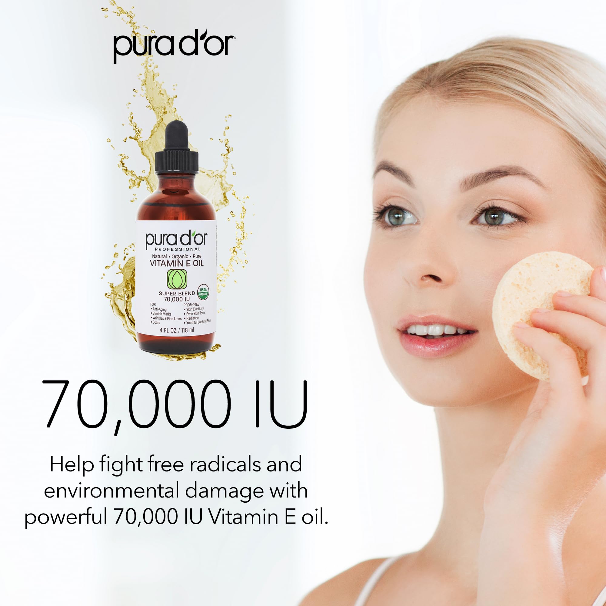 PURA D'OR 4 Oz ORGANIC Vitamin E Oil Blend 70,000 IU - 100% Natural Hexane Free, Sweet Almond, Apricot, Jojoba, Argan, Rosehip, Sunflower & Avocado Bath Oil For Scars, Skin, Face & Full Body