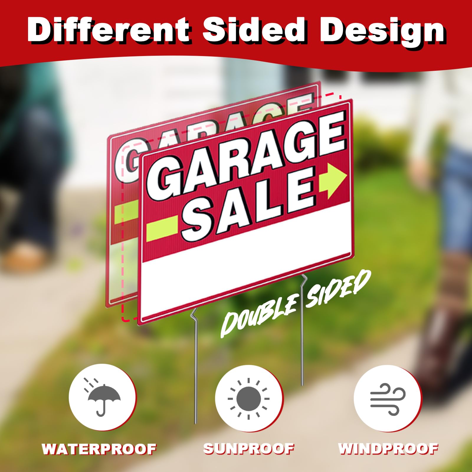 Garage Sale Sign, 6 Pcs 17" x 13" Garage Sale Signs with Stakes Yard Sale Signs with Stakes Weather-proof Garage Sale Sign with Arrow Metal Stakes for Outdoor Estate (Double Side)