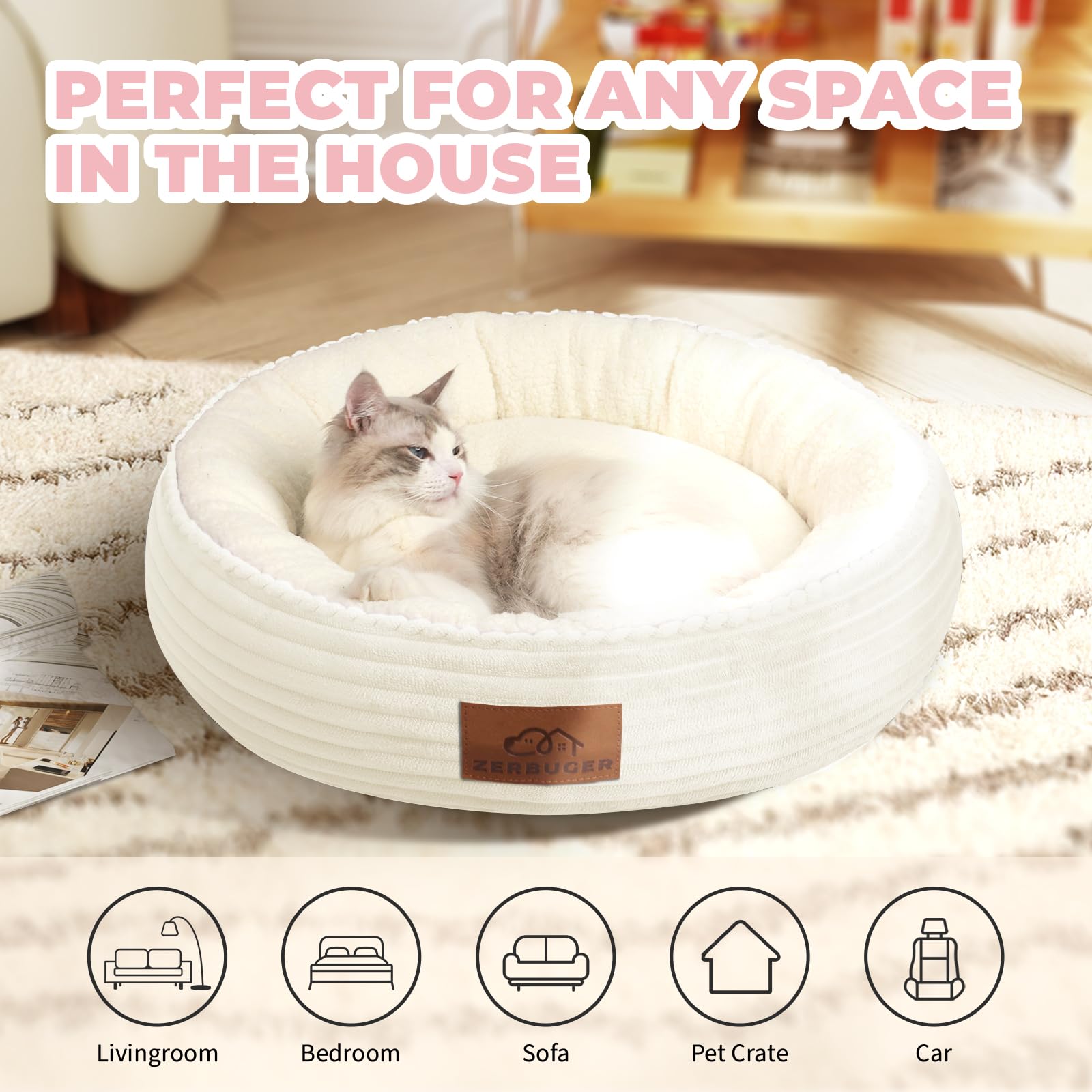 Zerbuger 23in Cream Round Cat Dog Bed Gift for Large Medium Small Dogs Cats, Machine Washable Sleeping Sofa, Non-Slip Bottom Breathable Soft Calming Pet Cuddler for Indoor/Outdoor/Car/Cage