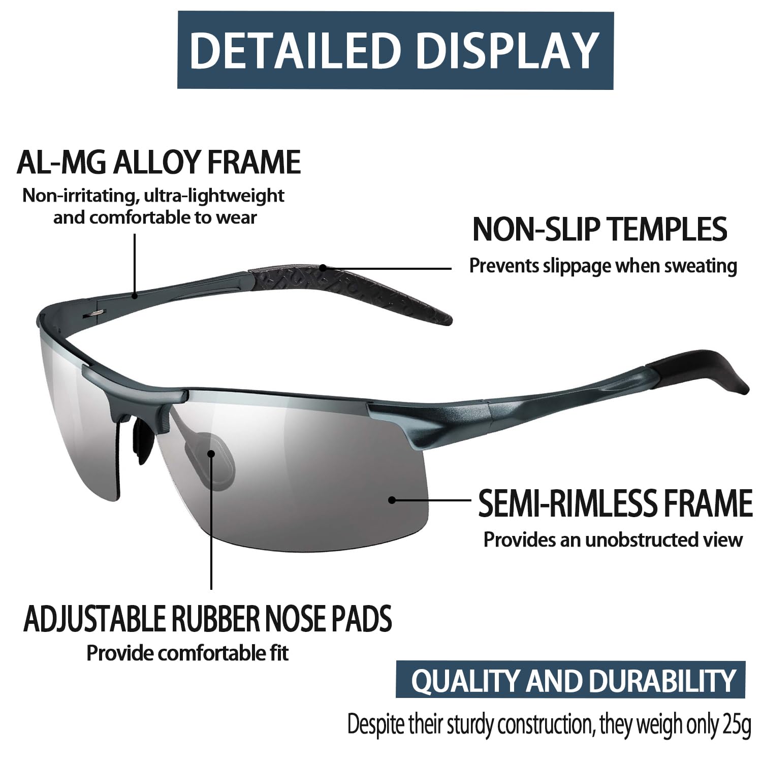 TJUTR Mens Polarized Photochromic Sunglasses Day & Night Driving Glasses Anti Glare | Ideal for Sport Cycling Driving