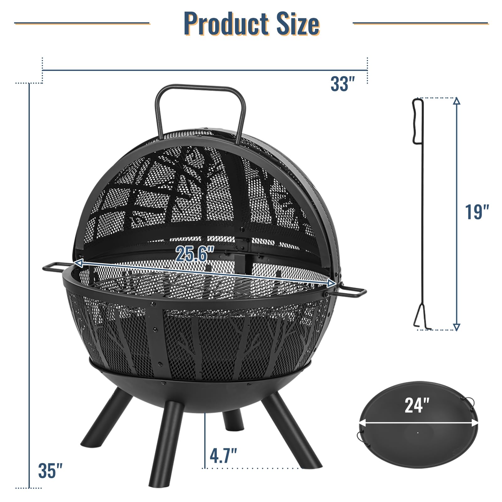 Panovue 35 Inch Wood Burning Fire Pit with BBQ Grill, Heavy Duty Fire Pits Ball for Outside with Spark Screen & Removable Ash Pan, Outdoor firepit & Fireplace for Bonfire in Garden, Yard