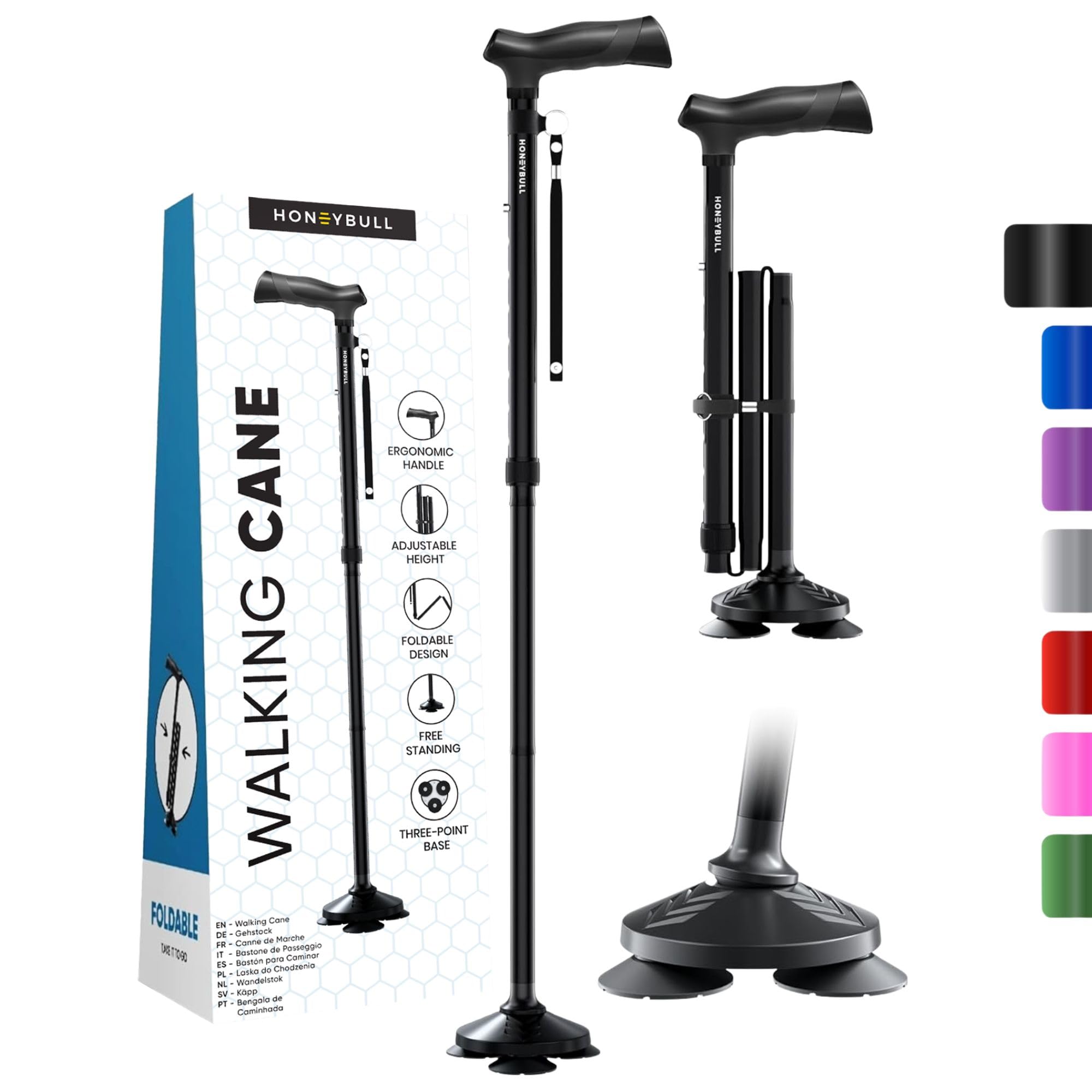 HONEYBULL Walking Cane for Men & Women Foldable, Adjustable, Heavy Duty, Free Standing, All Terrain, Collapsible Walking Sticks for Seniors & Adults (Black)