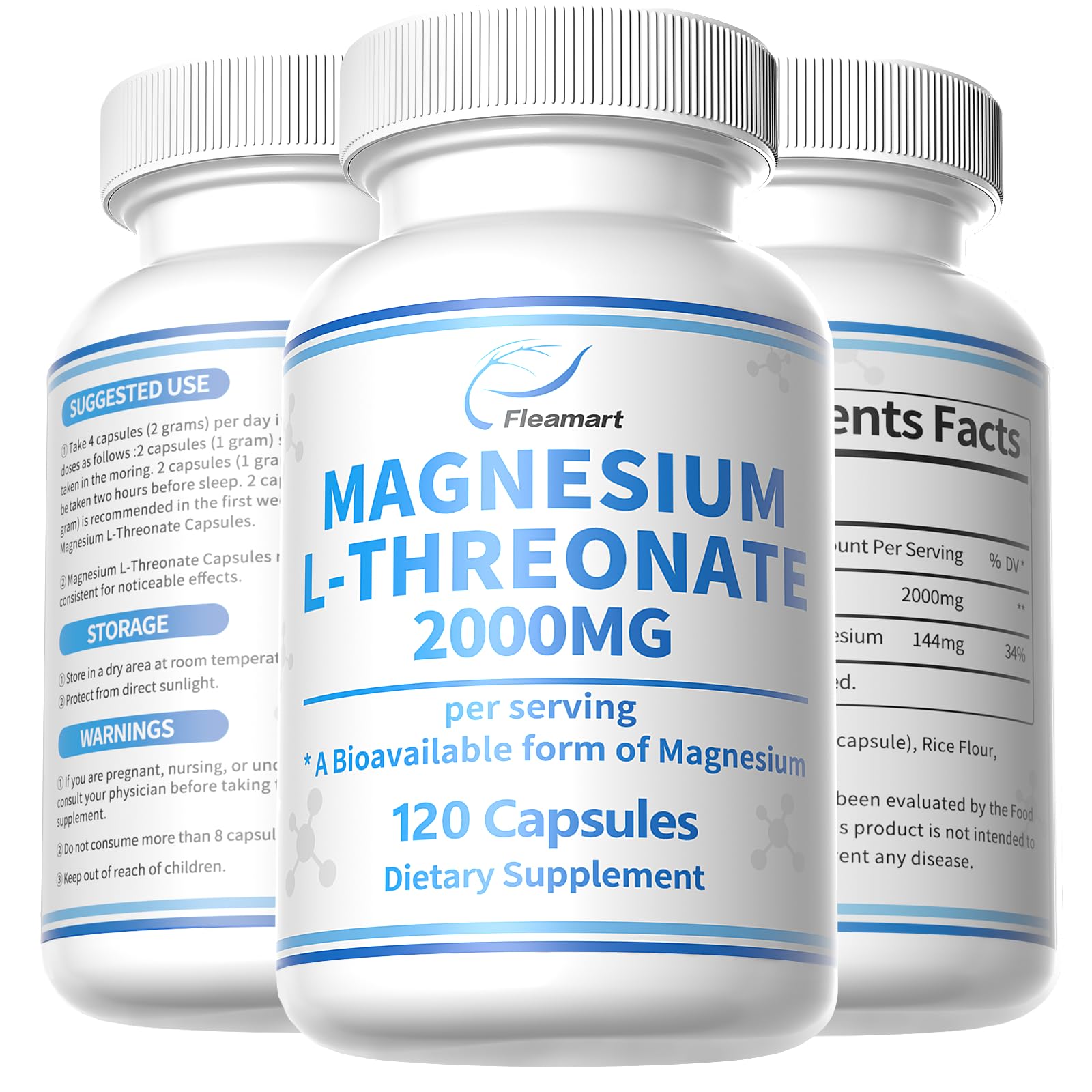 Magnesium L-Threonate Capsules for Brain & Sleep and Memory & Attention Magnesium L-Threonate 2000mg Complex High Absorption Supplement 120 Capsules, 30 Day Supply