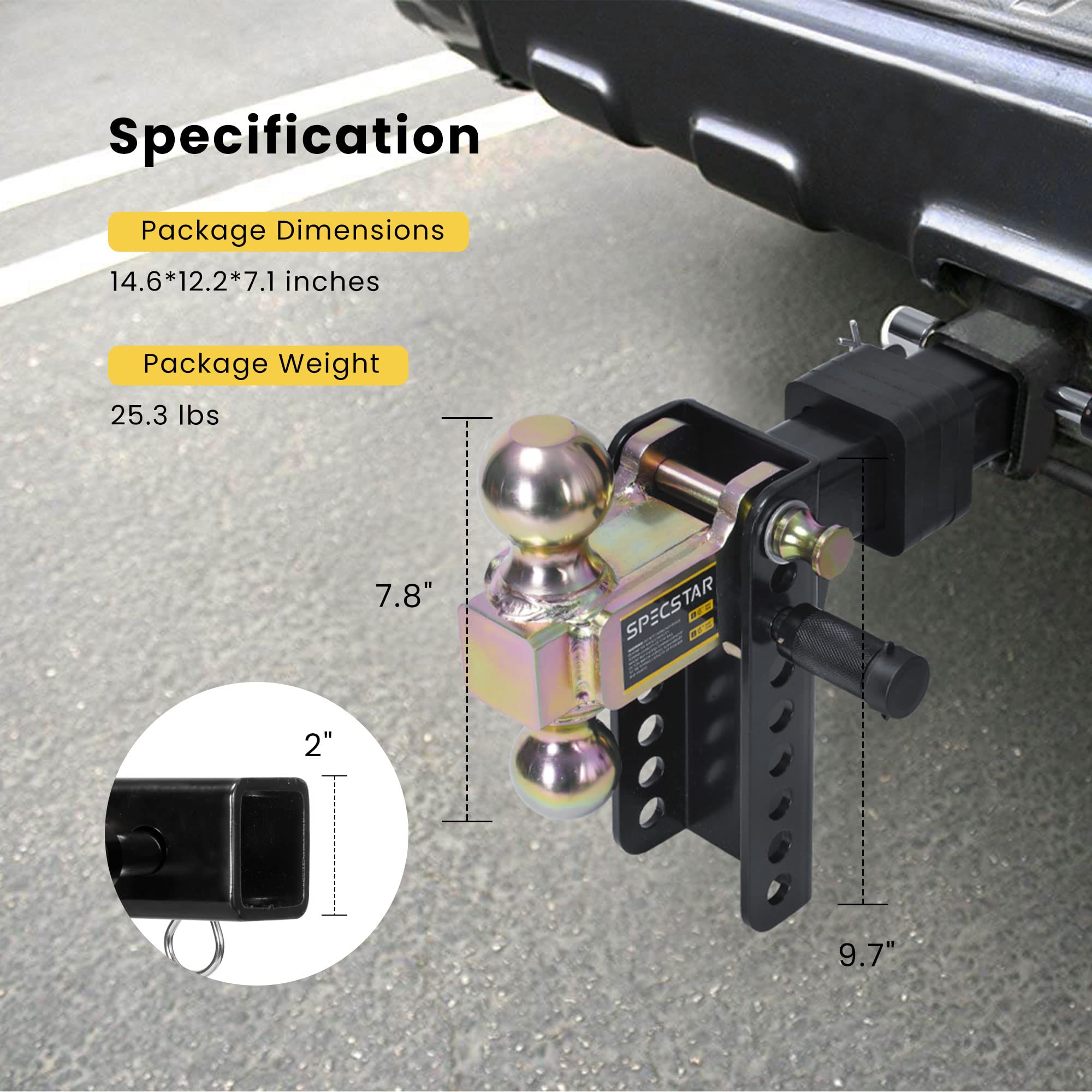 SPECSTAR Adjustable Trailer Hitch, 6-Inch Rise/Drop Steel Drop Hitch, 2 & 2-5/16 Inch Ball Fits 2-Inch Receiver 15,000Lbs GTW Tow Hitch with Double Stainless Steel Locks