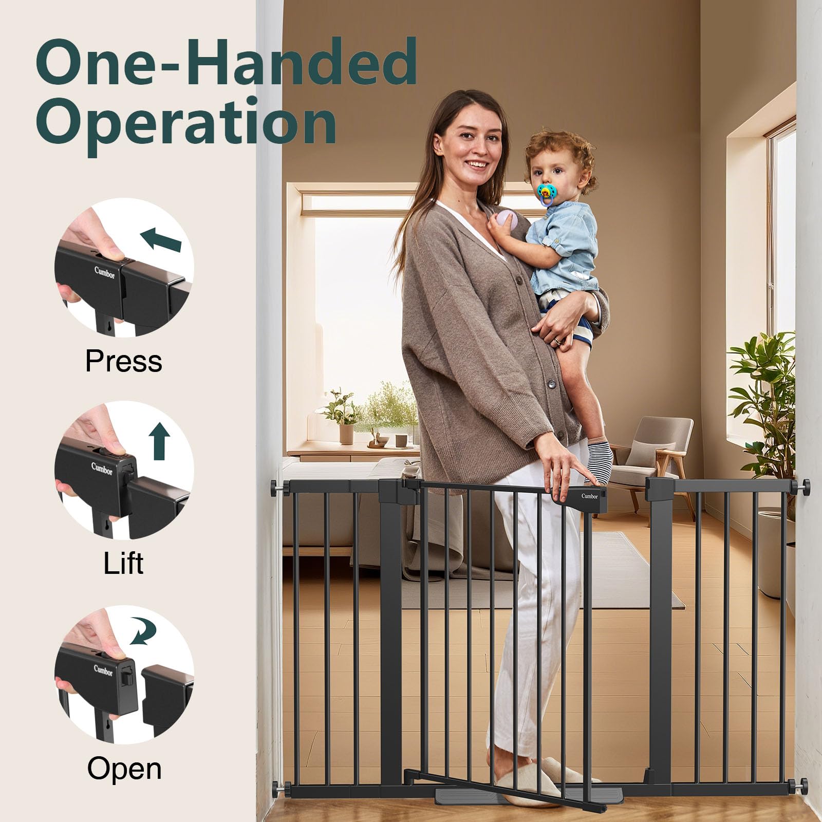 Cumbor 29.7-51.5" Baby Gate Extra Wide, Safety Dog Gate for Stairs Easy Walk Thru Auto Close Pet Gates for The House, Doorways, Child Gate Includes 4 Wall Cups, Black-Mom's Choice Awards Winner