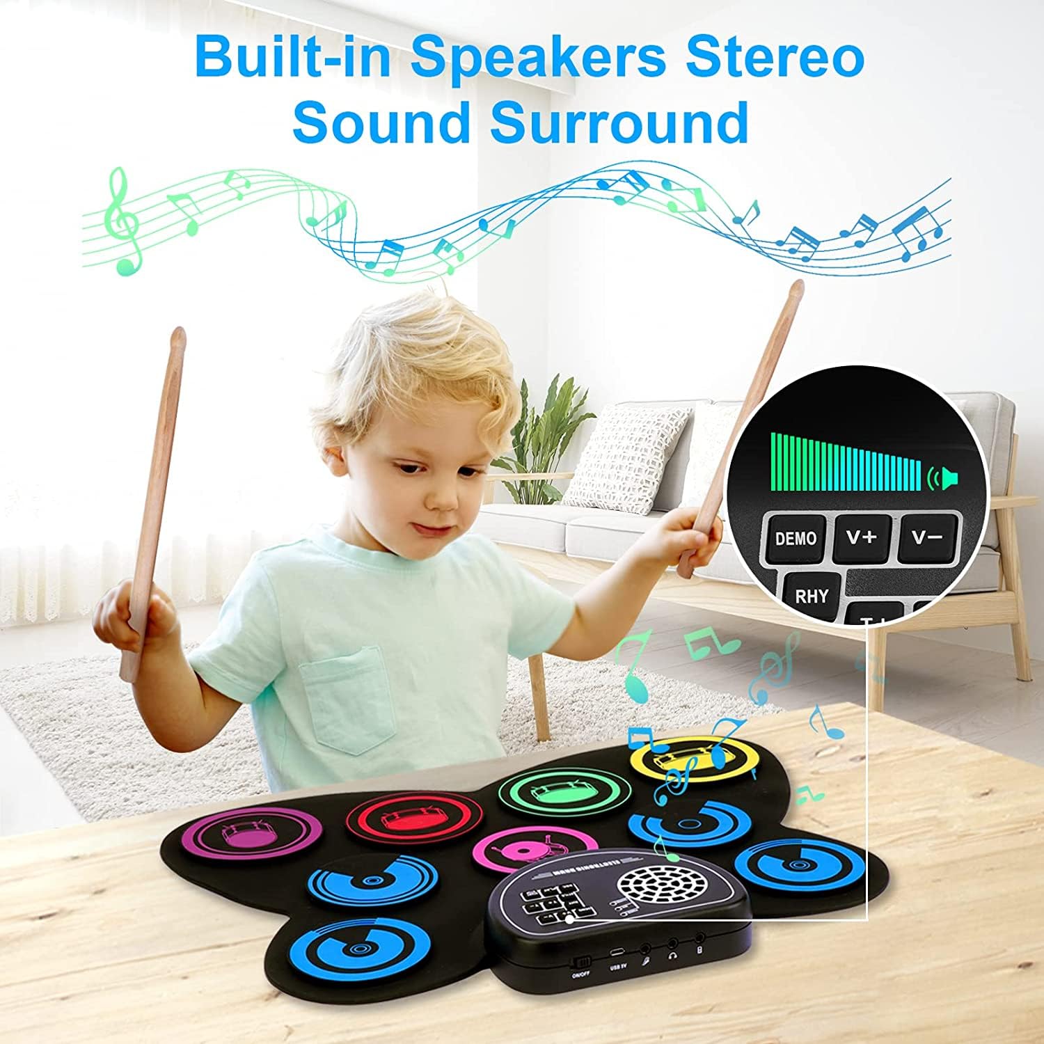 Electronic Drum Set, 9-Pads Roll-Up Drum Pad Electric Drum Set with Headphone Jack Built-in Speaker Sticks Foot Pedals, Xmas Birthday Surprise for Kids