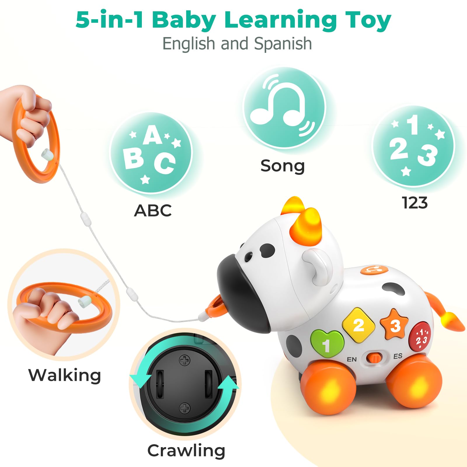 Baby Toy 6-12-18 Month Old, Bilingual Musical Cow, Educational Toys for 1+ Year Old Girl Boy, Infant Toys for 6 7 8 9 10 Month Old Developmental, First Christmas 1st Birthday Gift for 1 Year Old